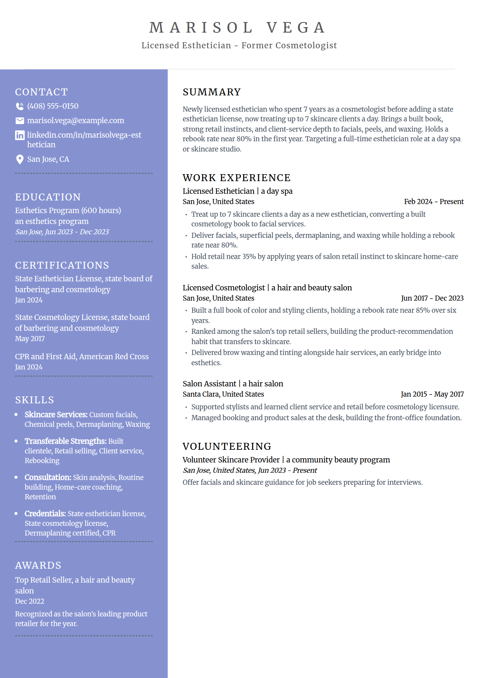 Cosmetologist-to-esthetician career change resume example in the Luminary template