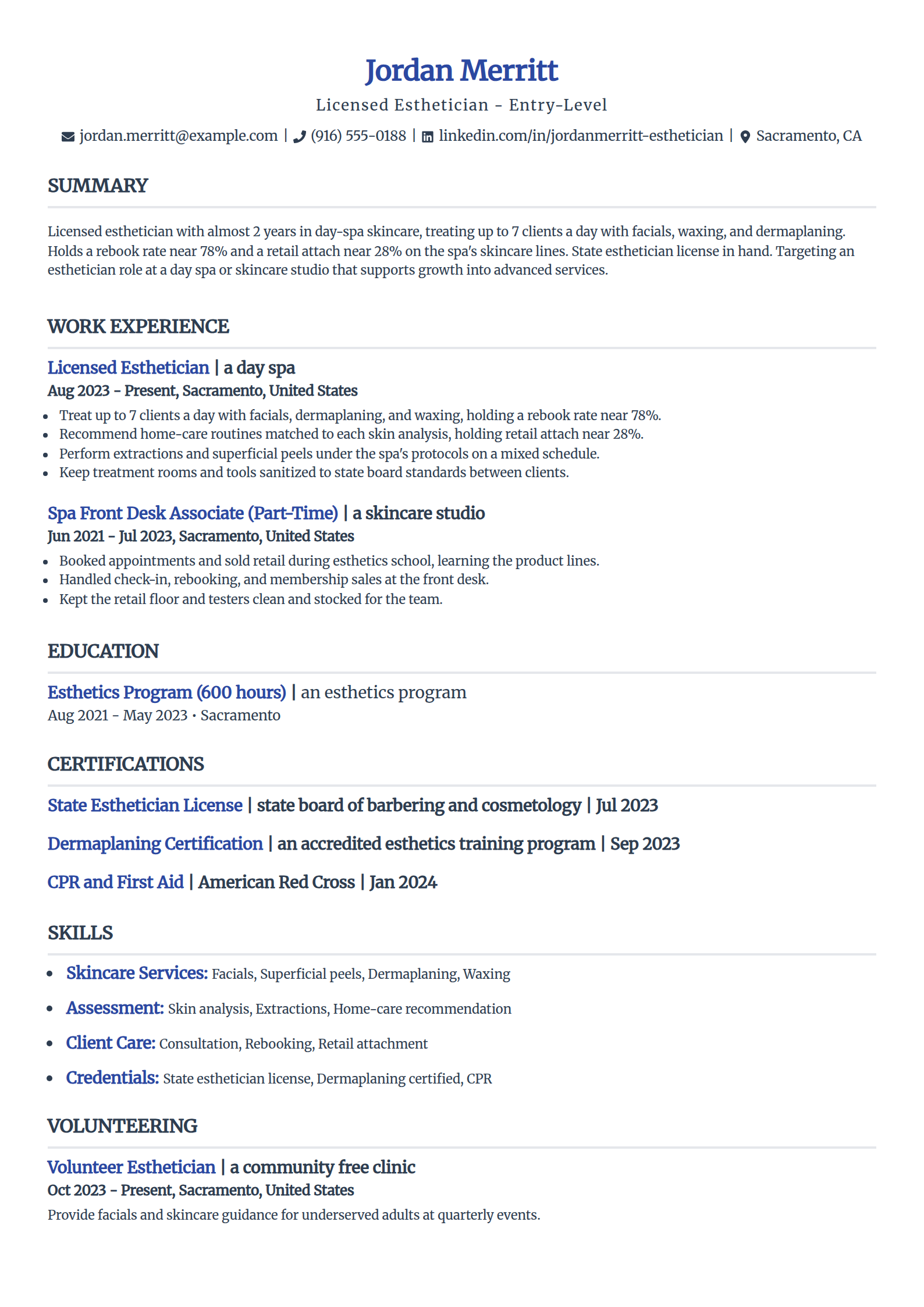 Entry-level Esthetician resume example in the Simple template