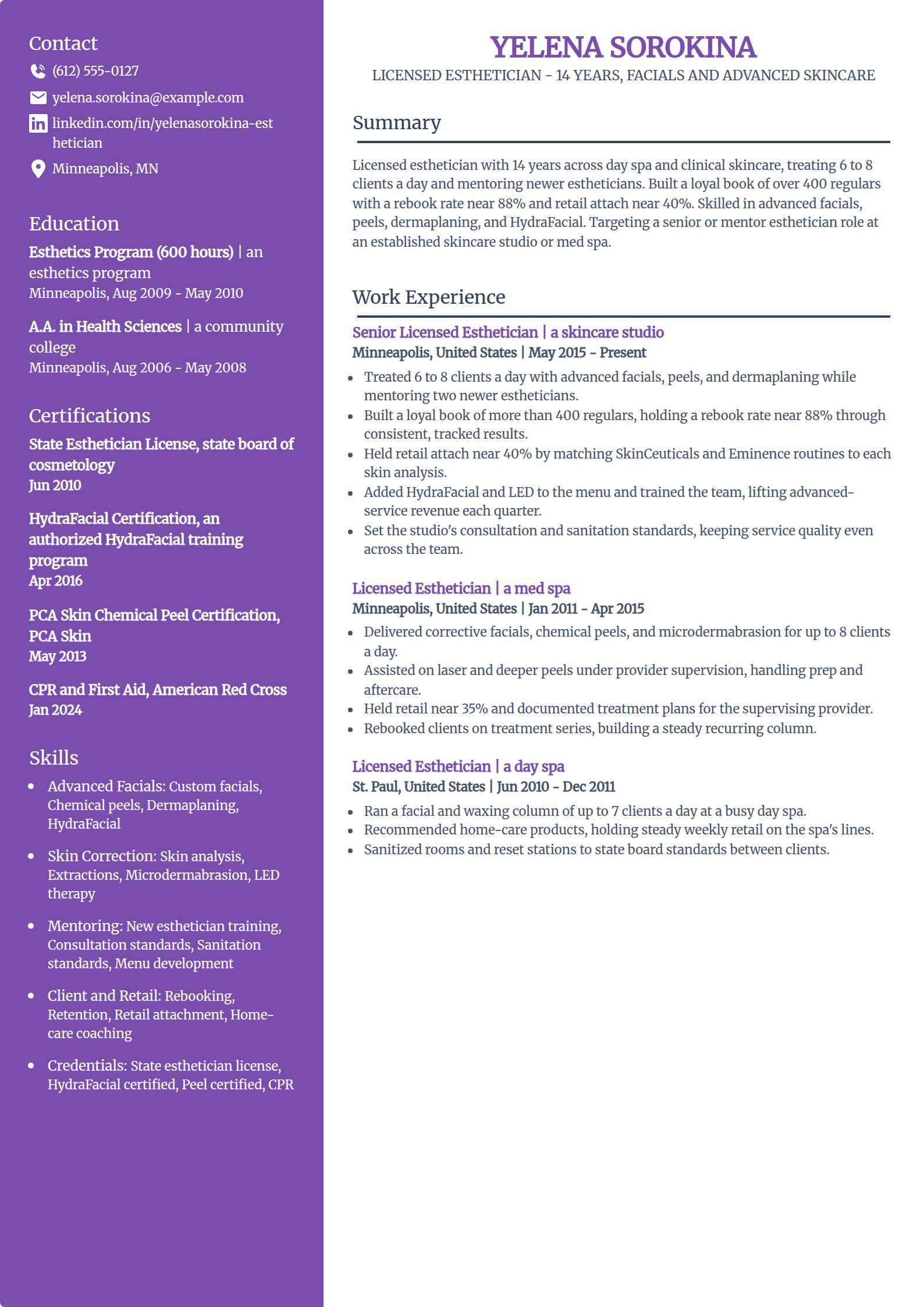 Experienced Esthetician resume example in the Pioneer template