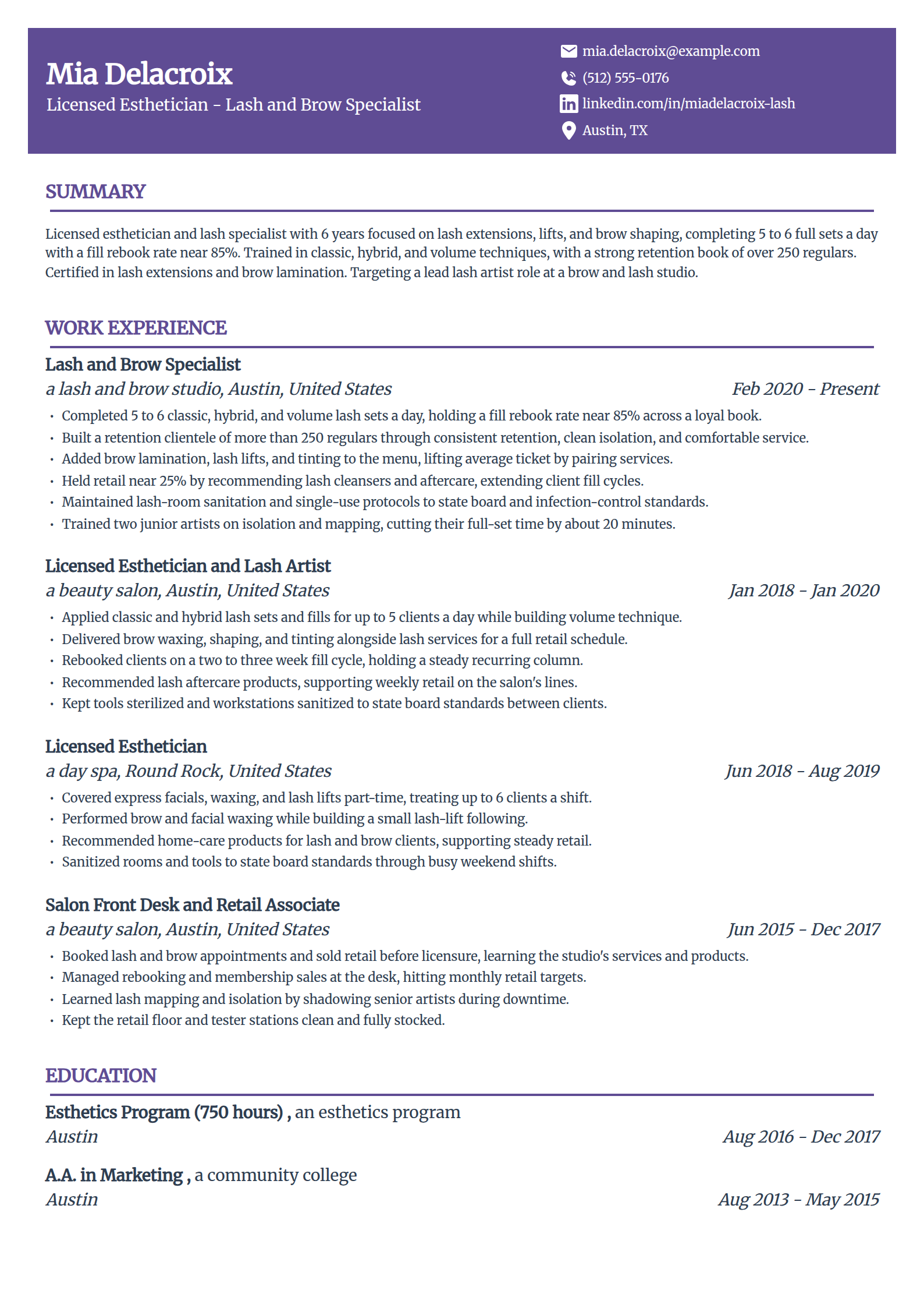 Lash and brow specialist Esthetician resume example in the Panorama template