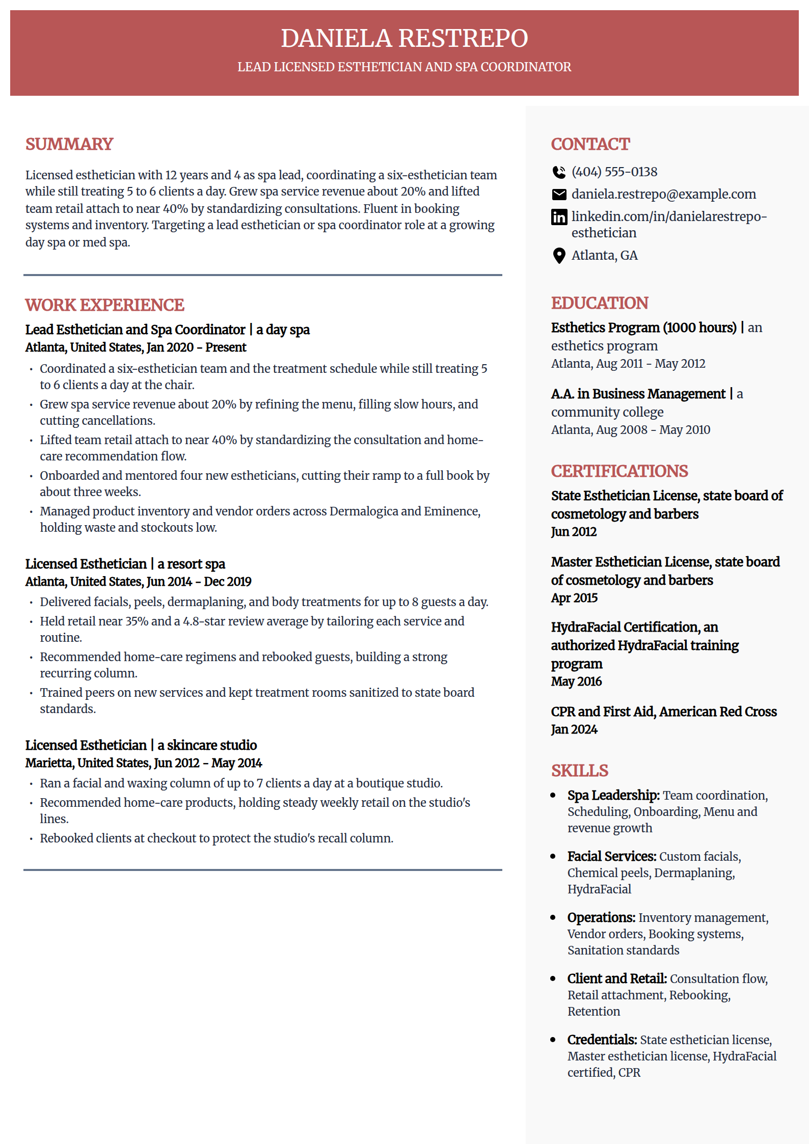 Lead Esthetician and spa coordinator resume example in the Executive template