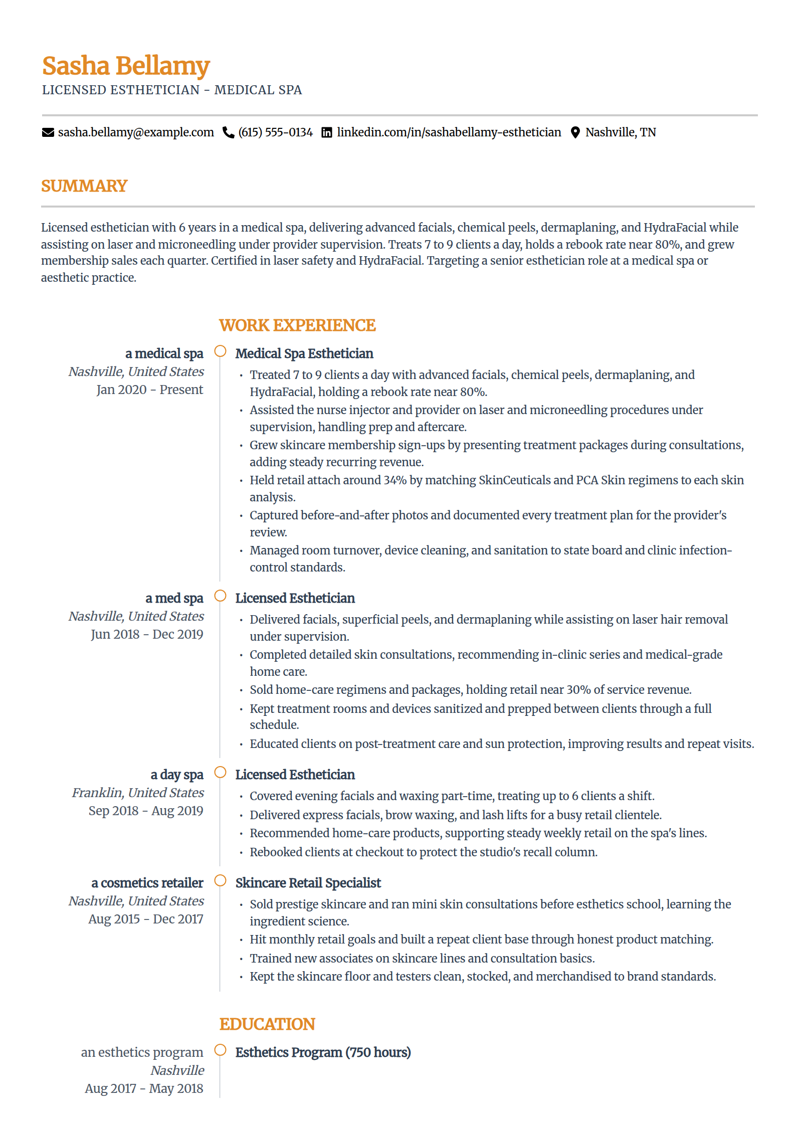 Med spa Esthetician resume example in the Zenith template