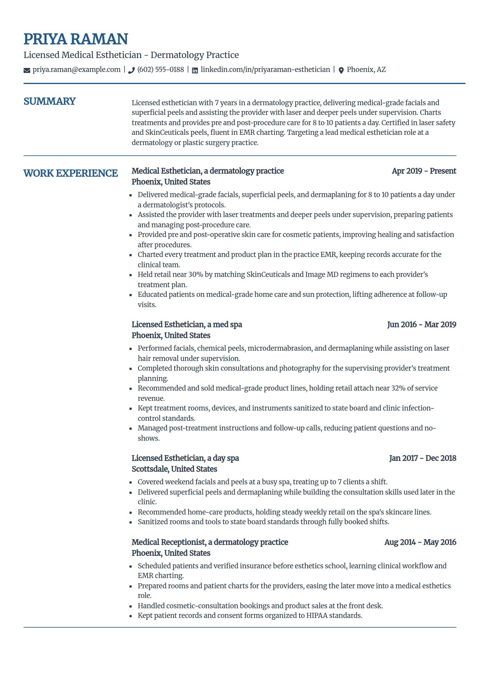 Medical Esthetician resume example in the Craft template