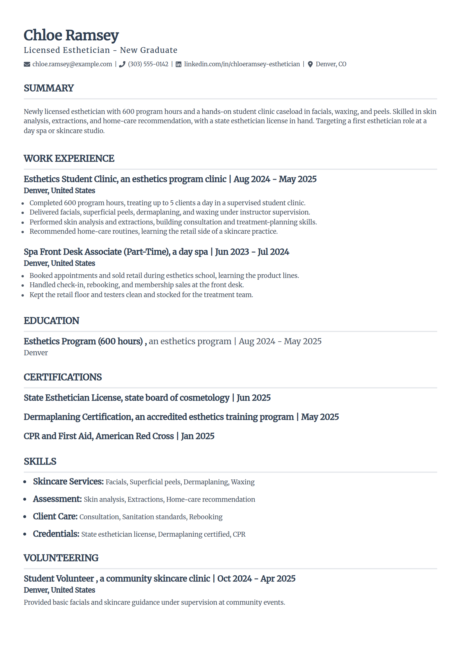 New license Esthetician resume example in the Classic template
