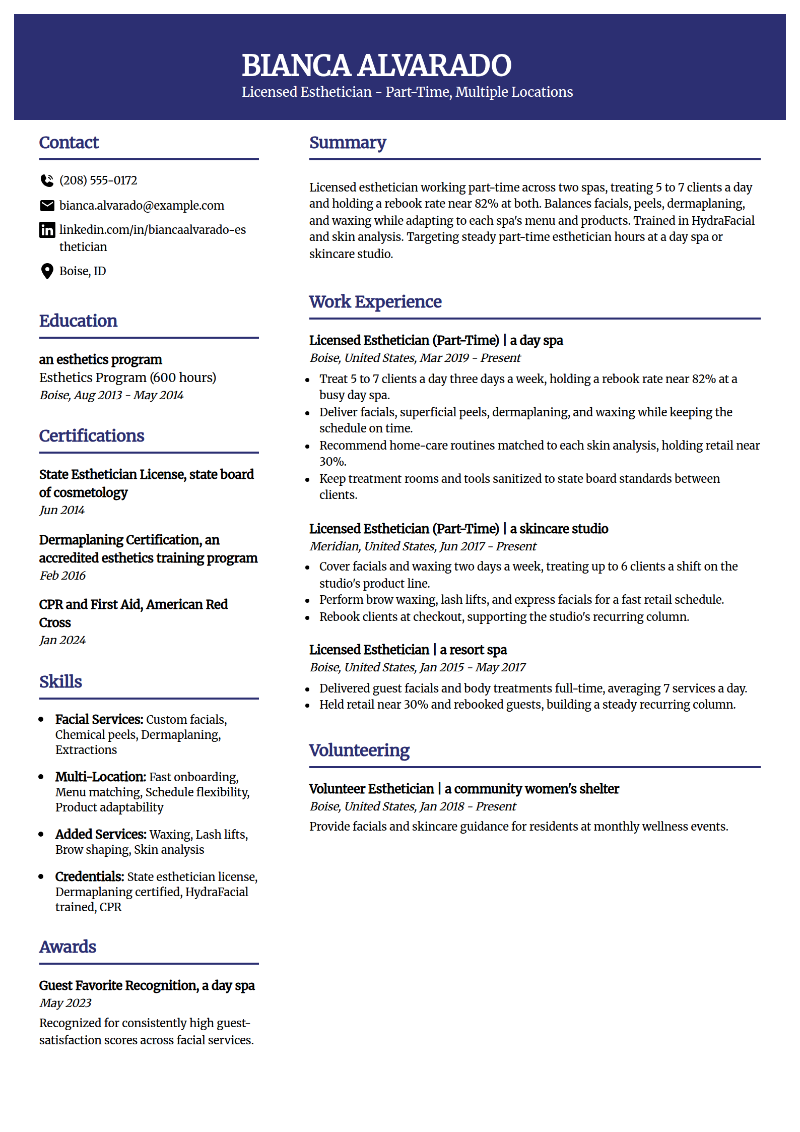 Part-time multi-location Esthetician resume example in the Visionary template