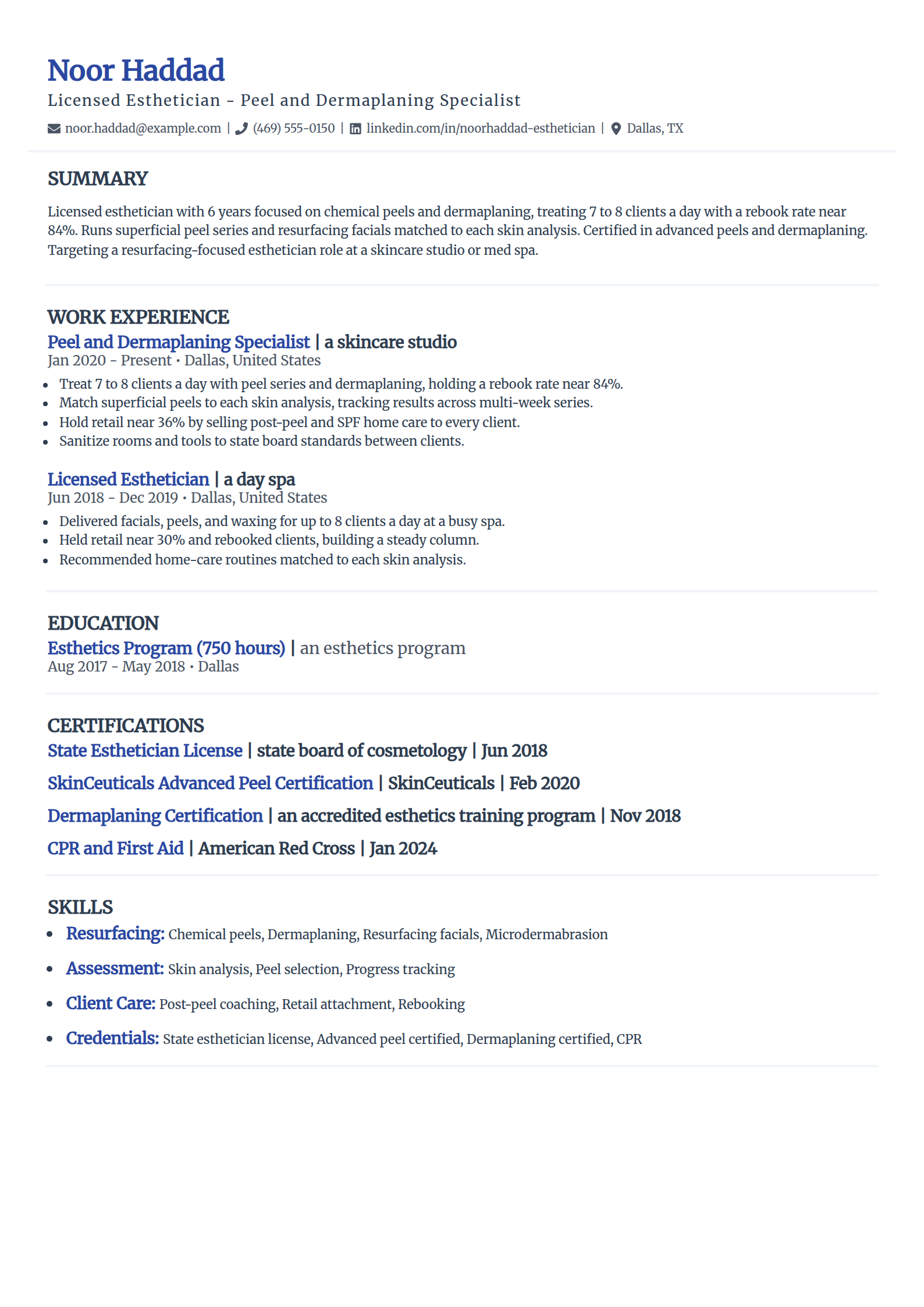 Dermaplaning and chemical peel Esthetician resume example in the Elegant template