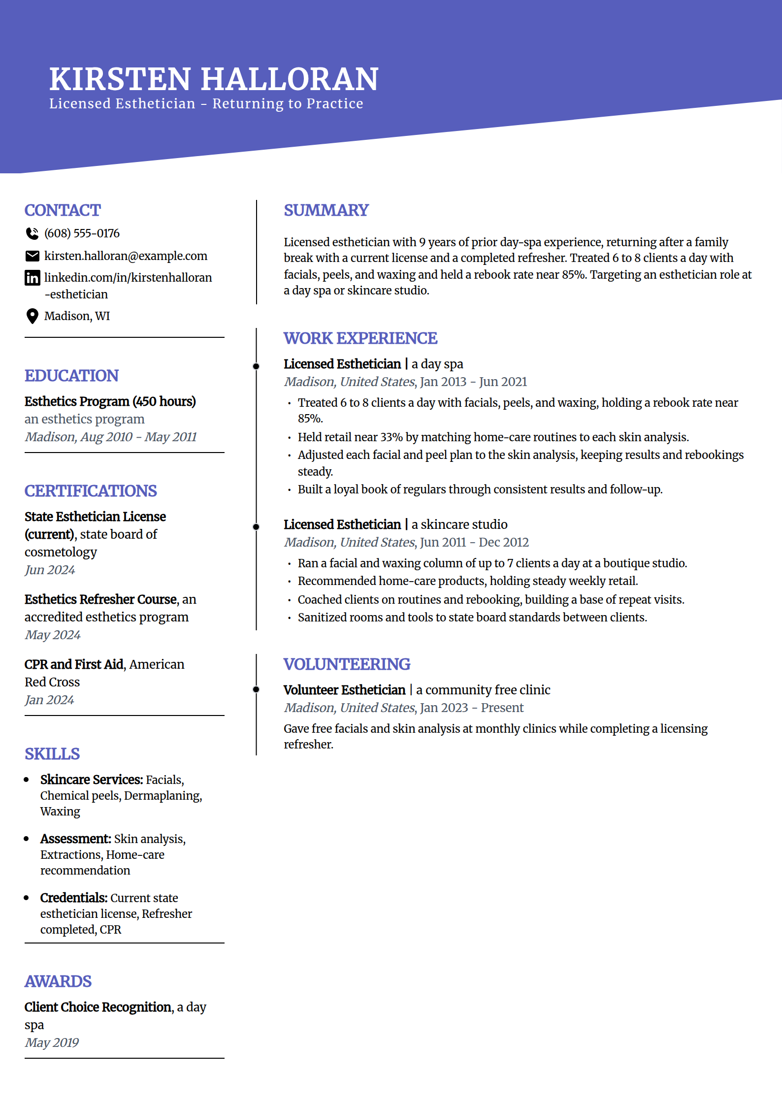 Return-to-practice Esthetician resume example in the Orbit template