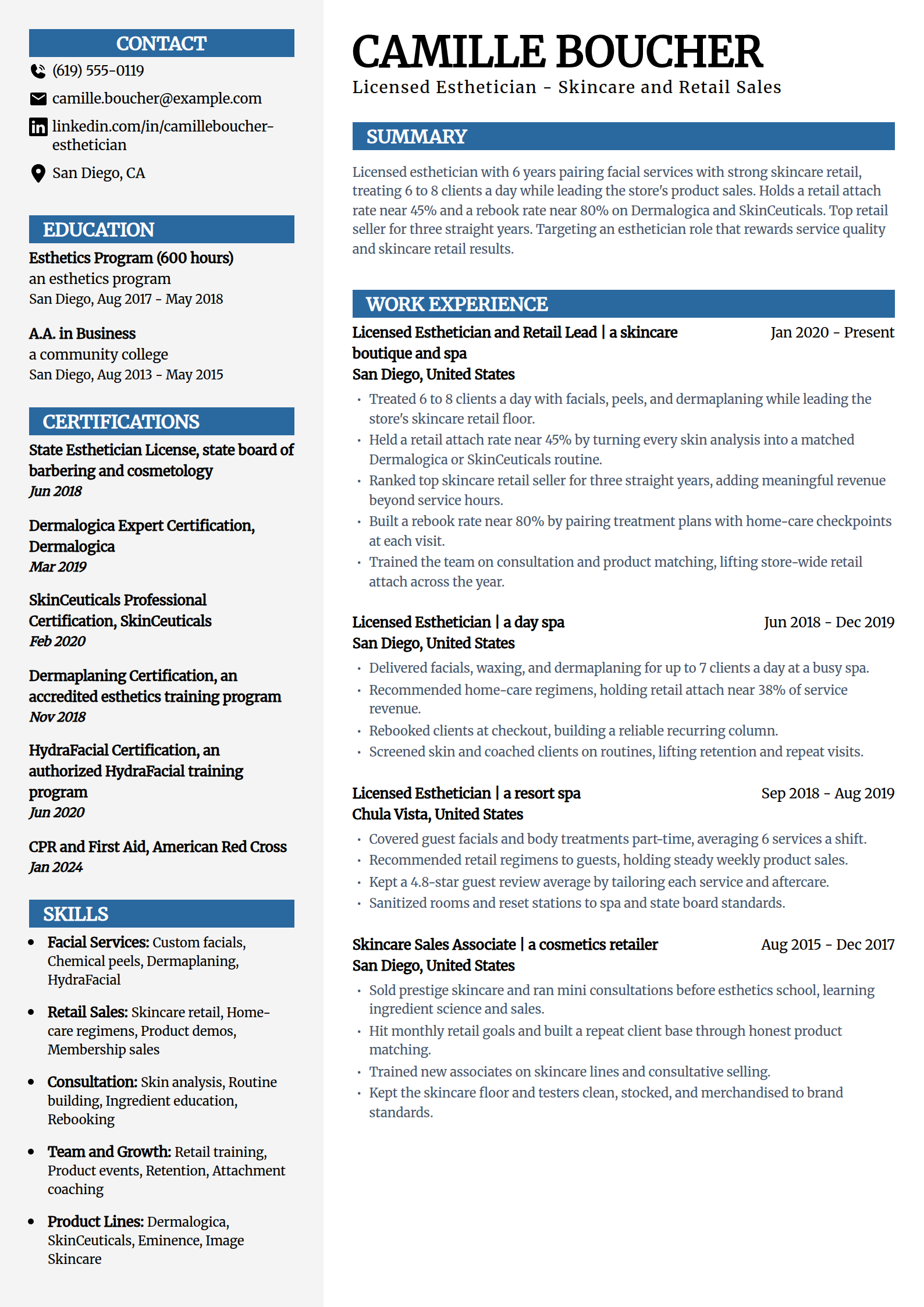 Esthetician and retail sales hybrid resume example in the Mosaic template