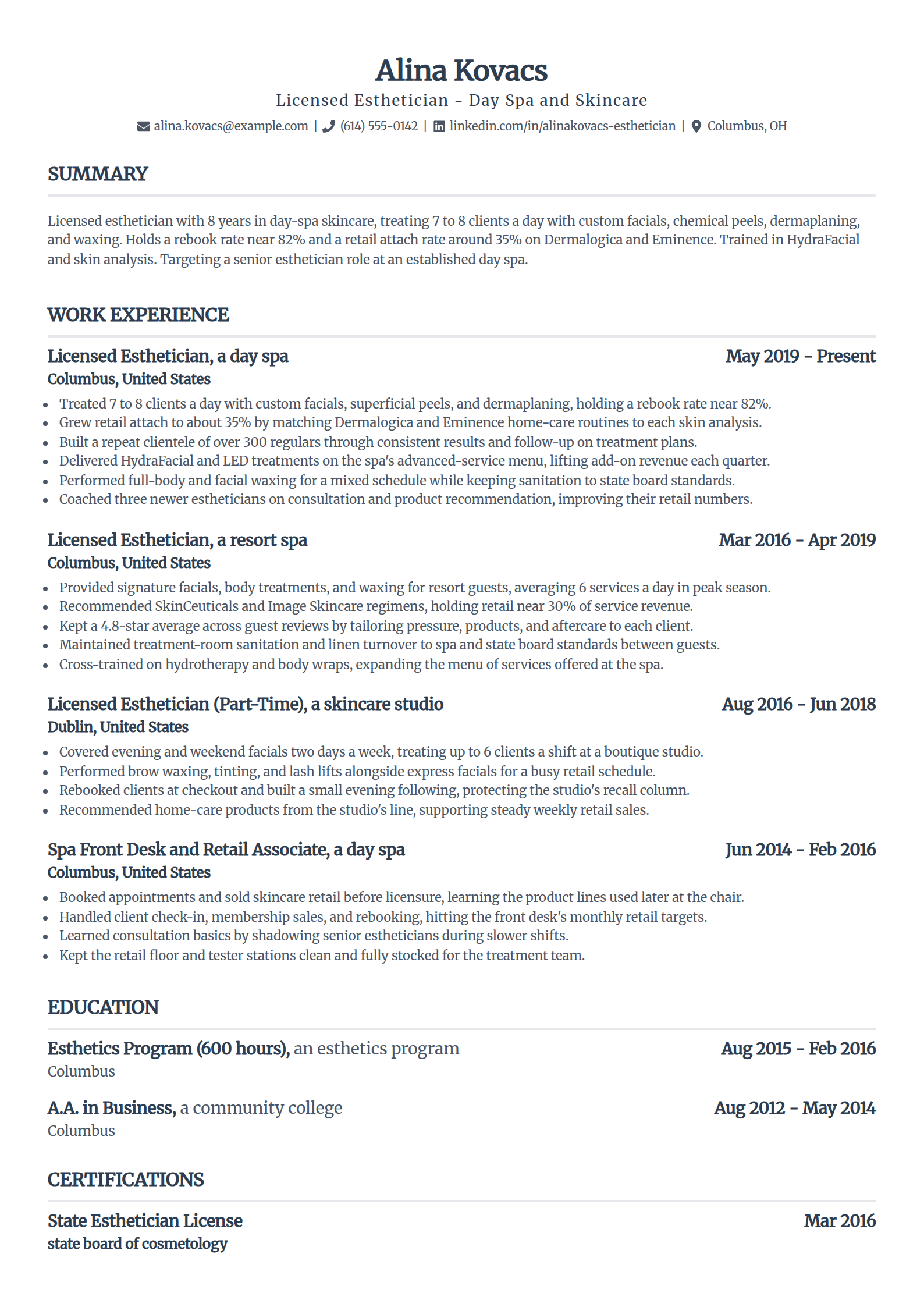 Spa Esthetician resume example in the Standard template