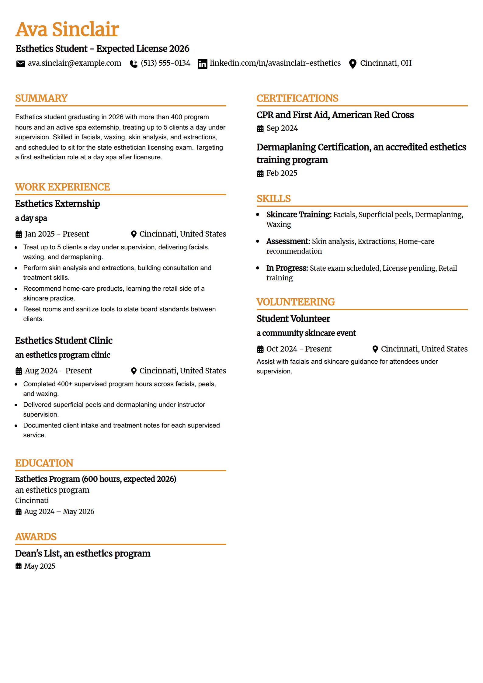 Esthetics student resume example in the Professional Edge template