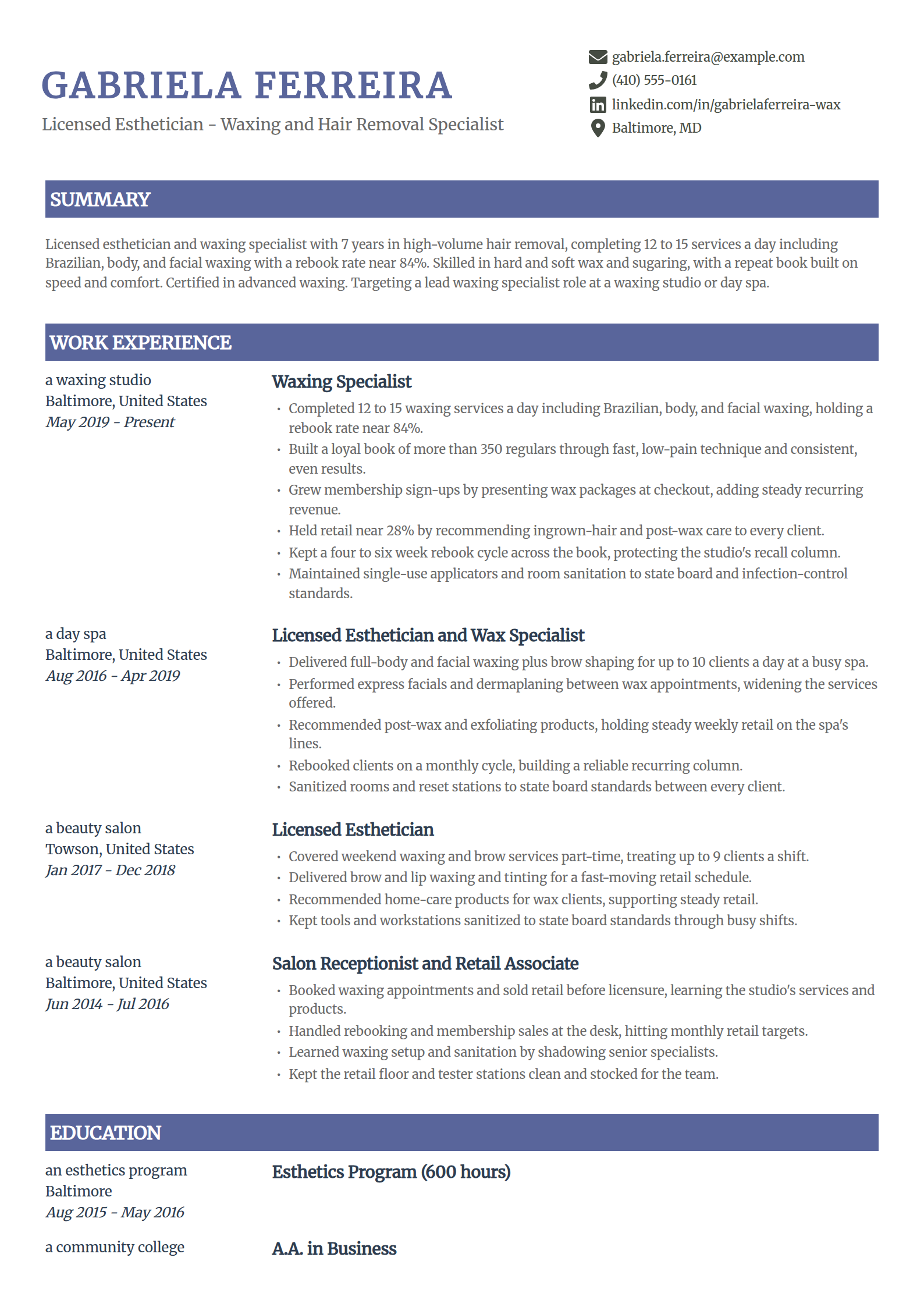 Waxing specialist Esthetician resume example in the Catalyst template