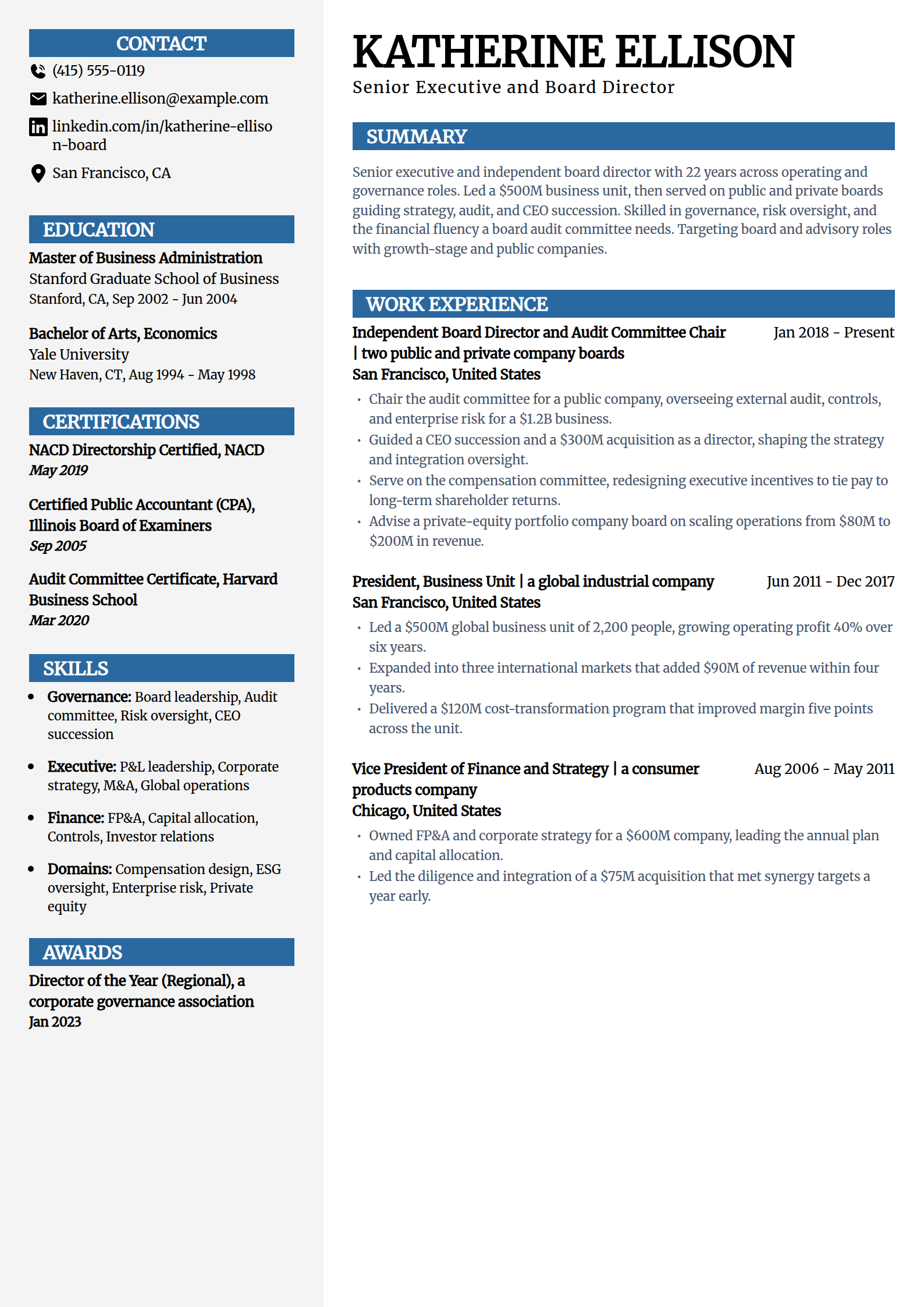Senior executive and board director resume example in the Mosaic template