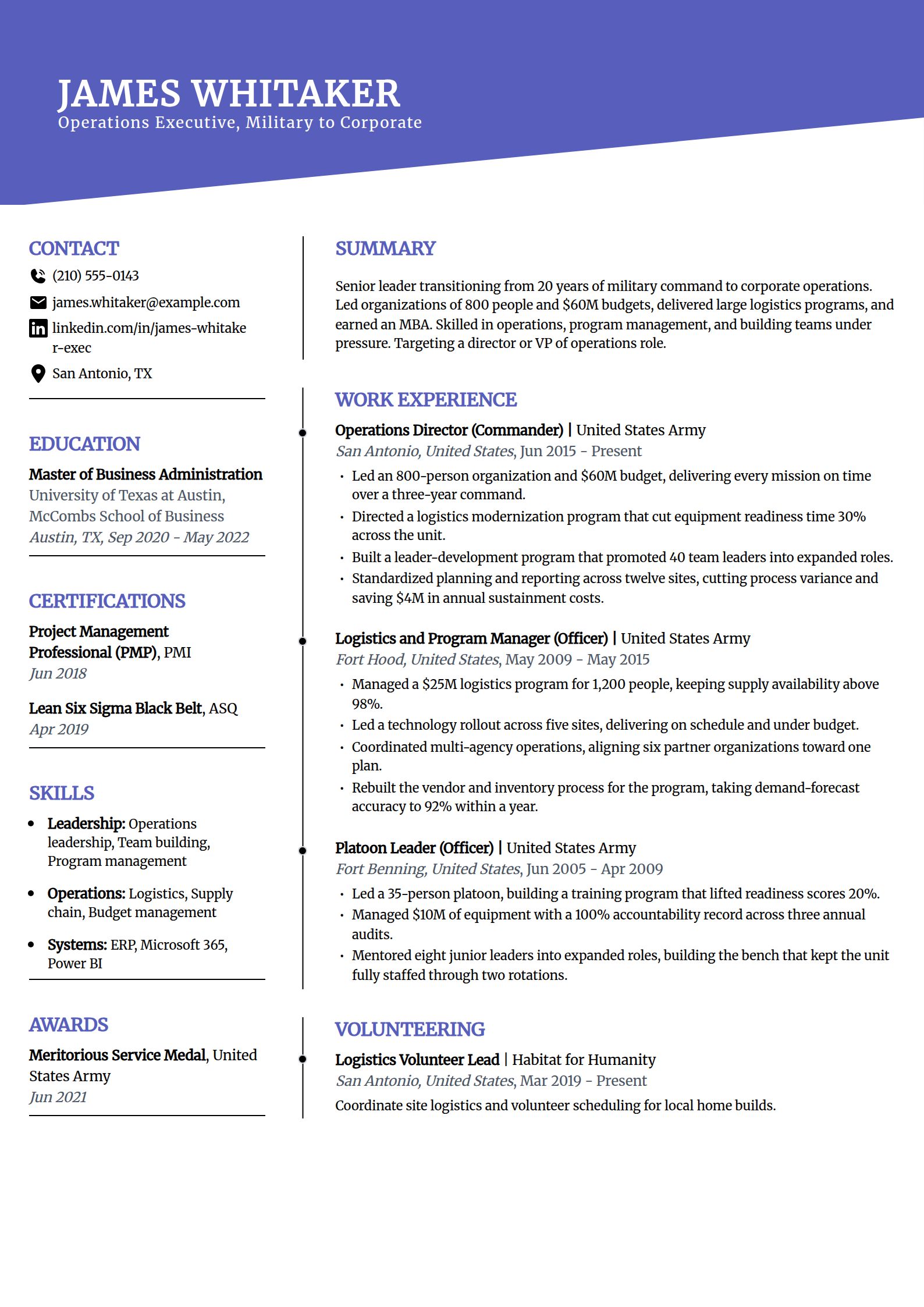 Career-change executive resume example in the Orbit template