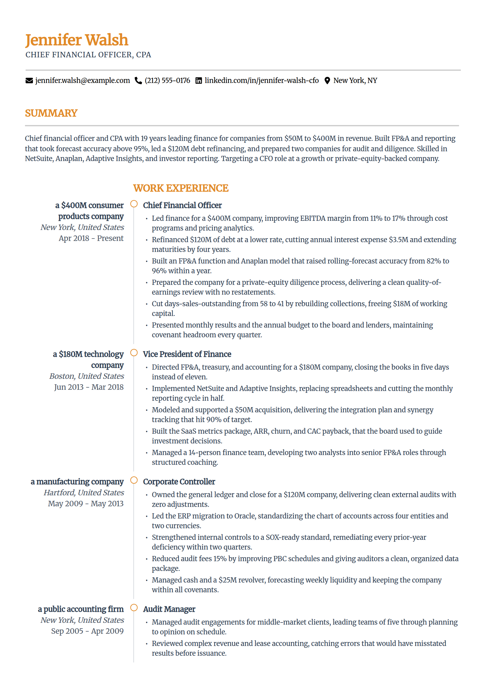 Chief financial officer resume example in the Zenith template
