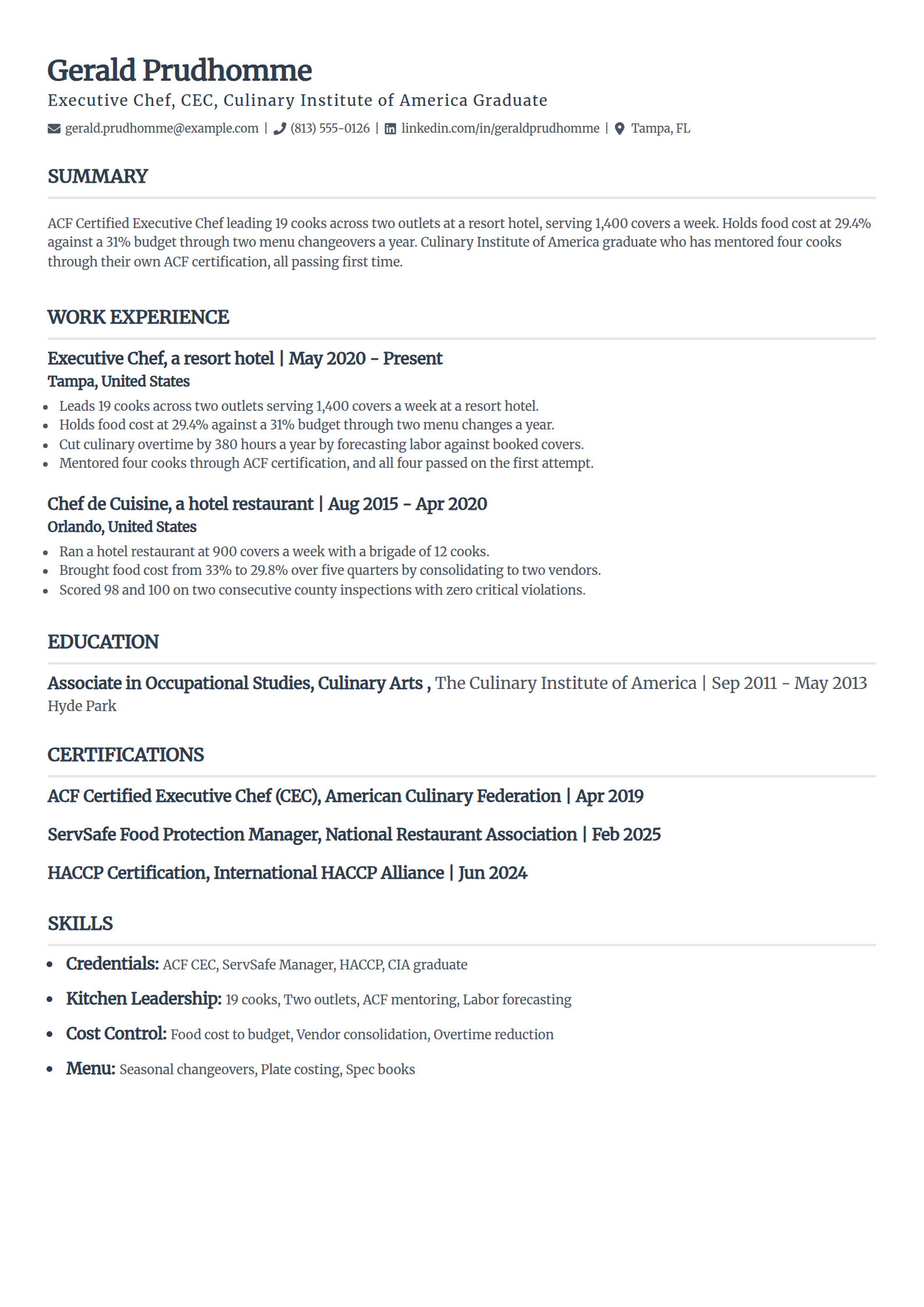ACF certified executive chef resume example in the Classic template