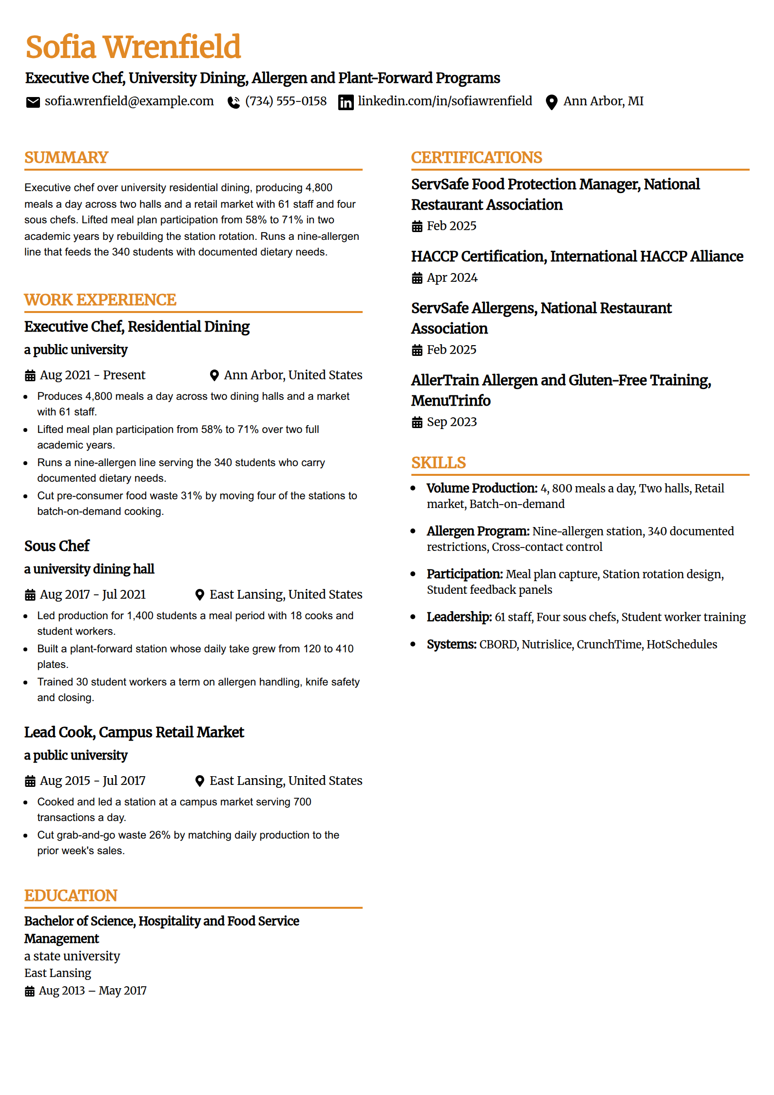 University and campus dining executive chef resume example in the Professional Edge template