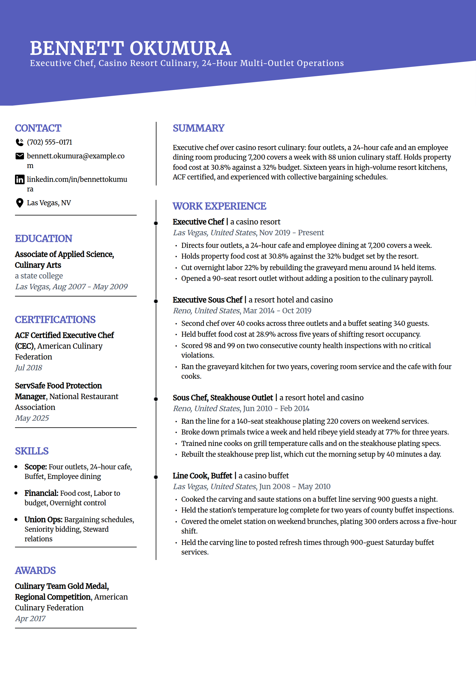 Casino resort executive chef resume example in the Orbit template