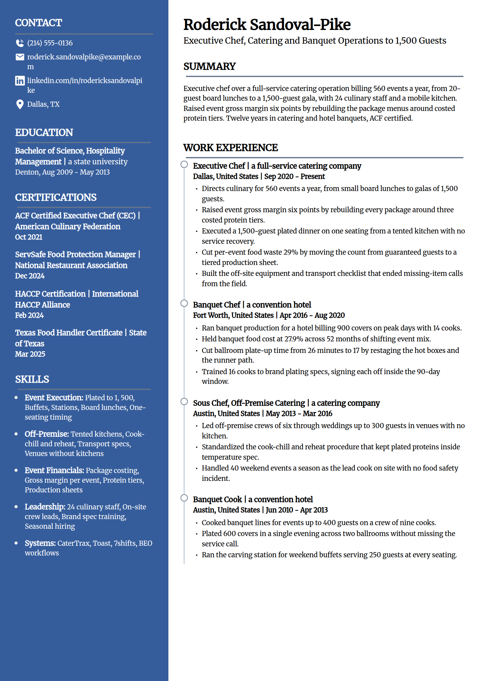 Catering and banquet executive chef resume example in the Creative template
