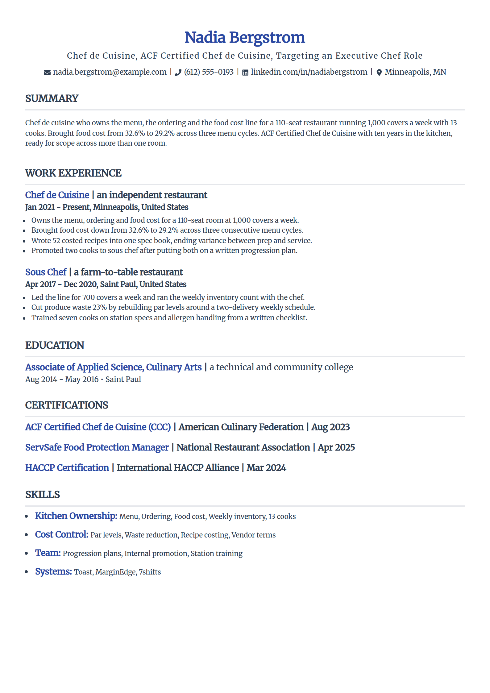 Chef de cuisine applying for an executive chef role, resume example in the Simple template