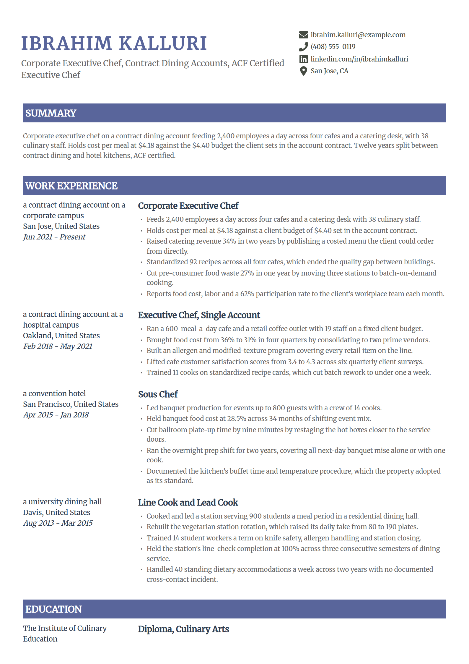 Corporate and contract dining executive chef resume example in the Catalyst template