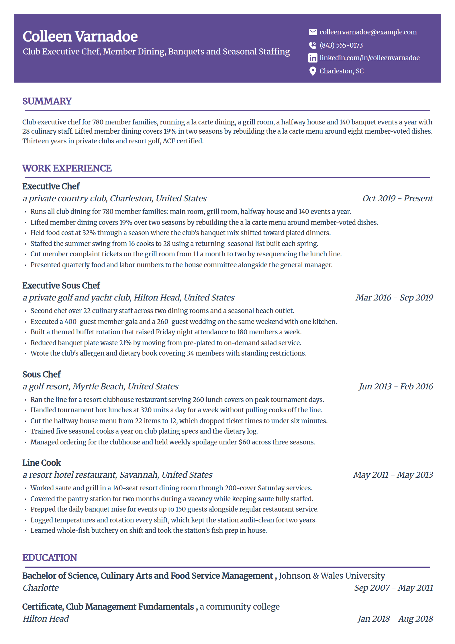 Country club executive chef resume example in the Panorama template