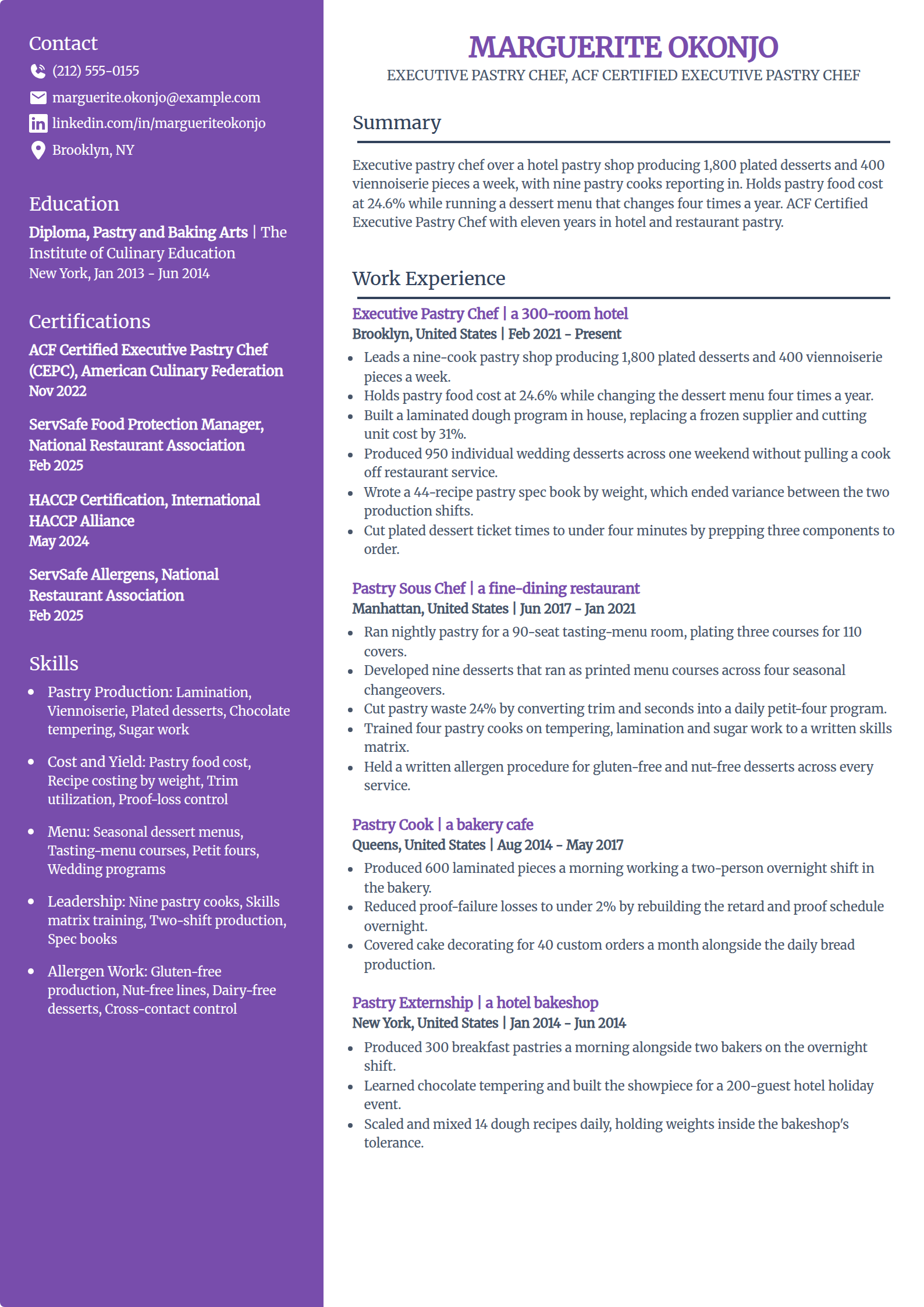Executive pastry chef resume example in the Pioneer template