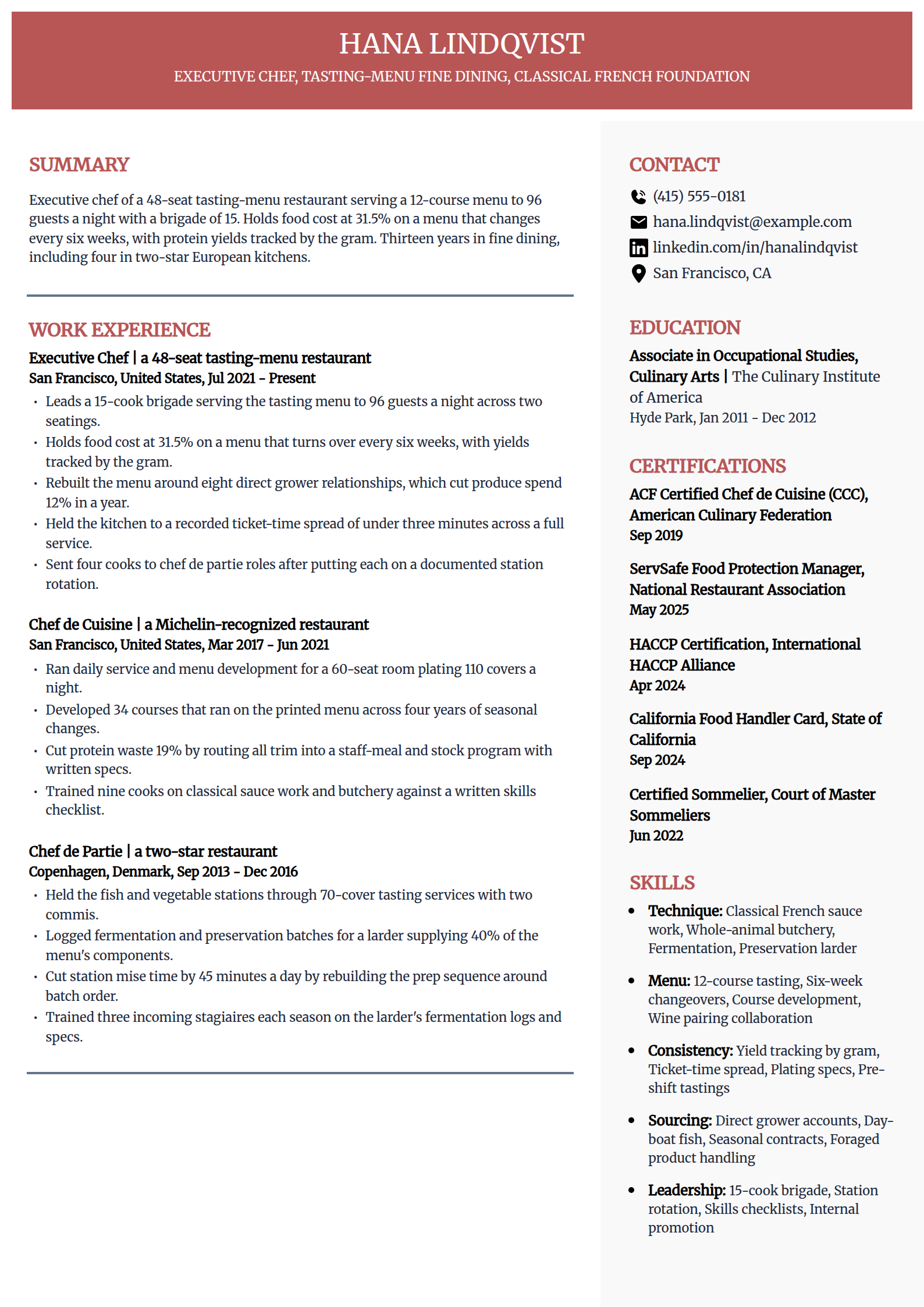 Fine dining and tasting menu executive chef resume example in the Executive template