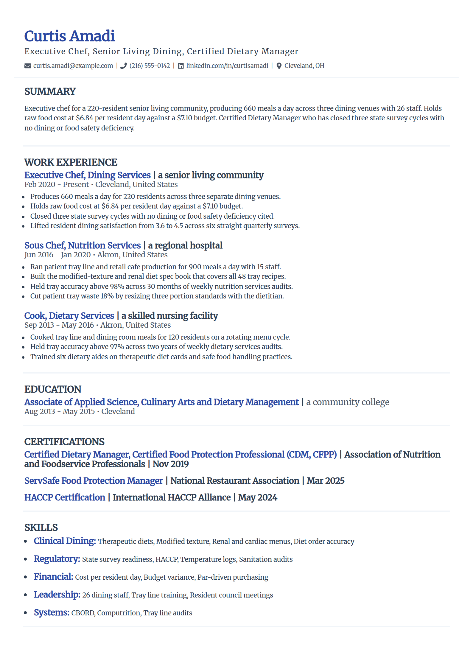 Senior living and healthcare executive chef resume example in the Elegant template