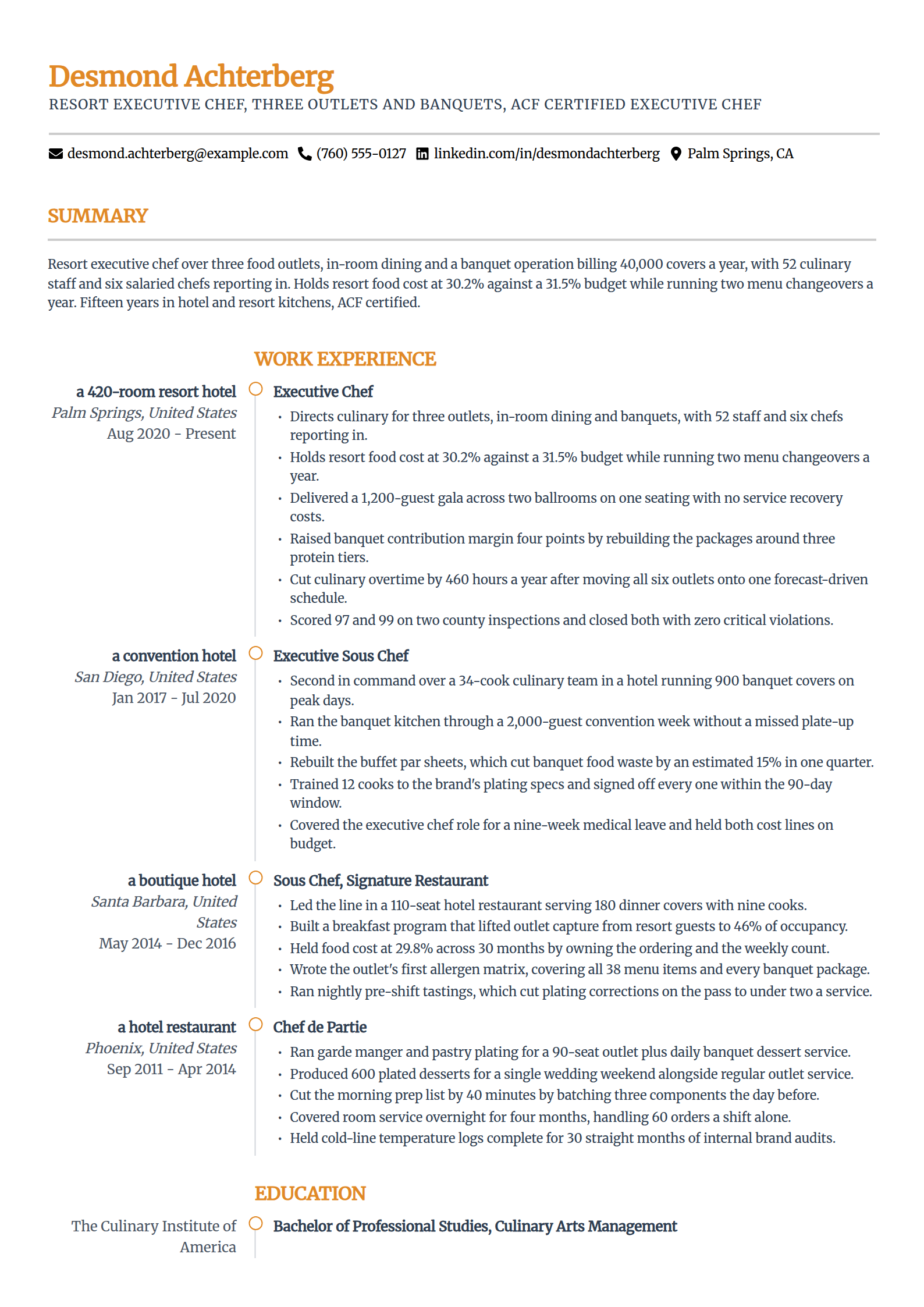Hotel and resort executive chef resume example in the Zenith template
