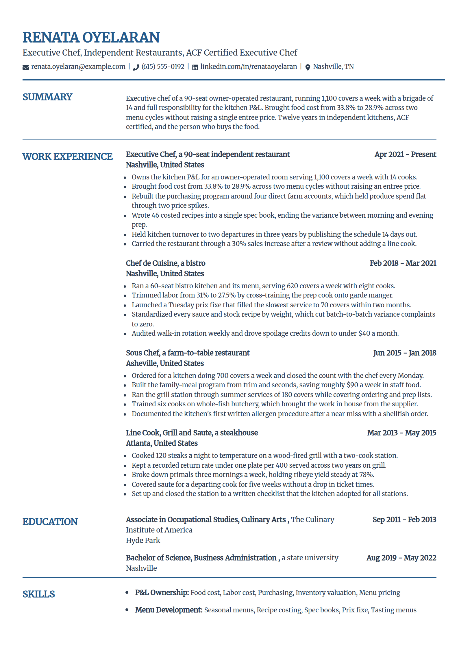 Independent restaurant executive chef resume example in the Craft template