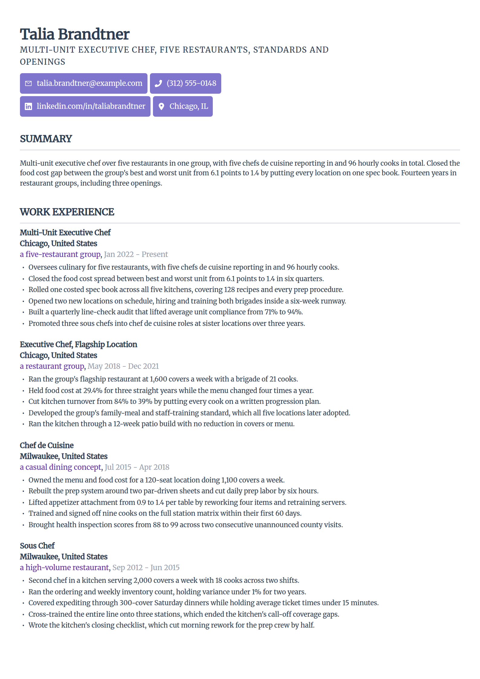 Multi-unit executive chef resume example in the Sleek Framework template