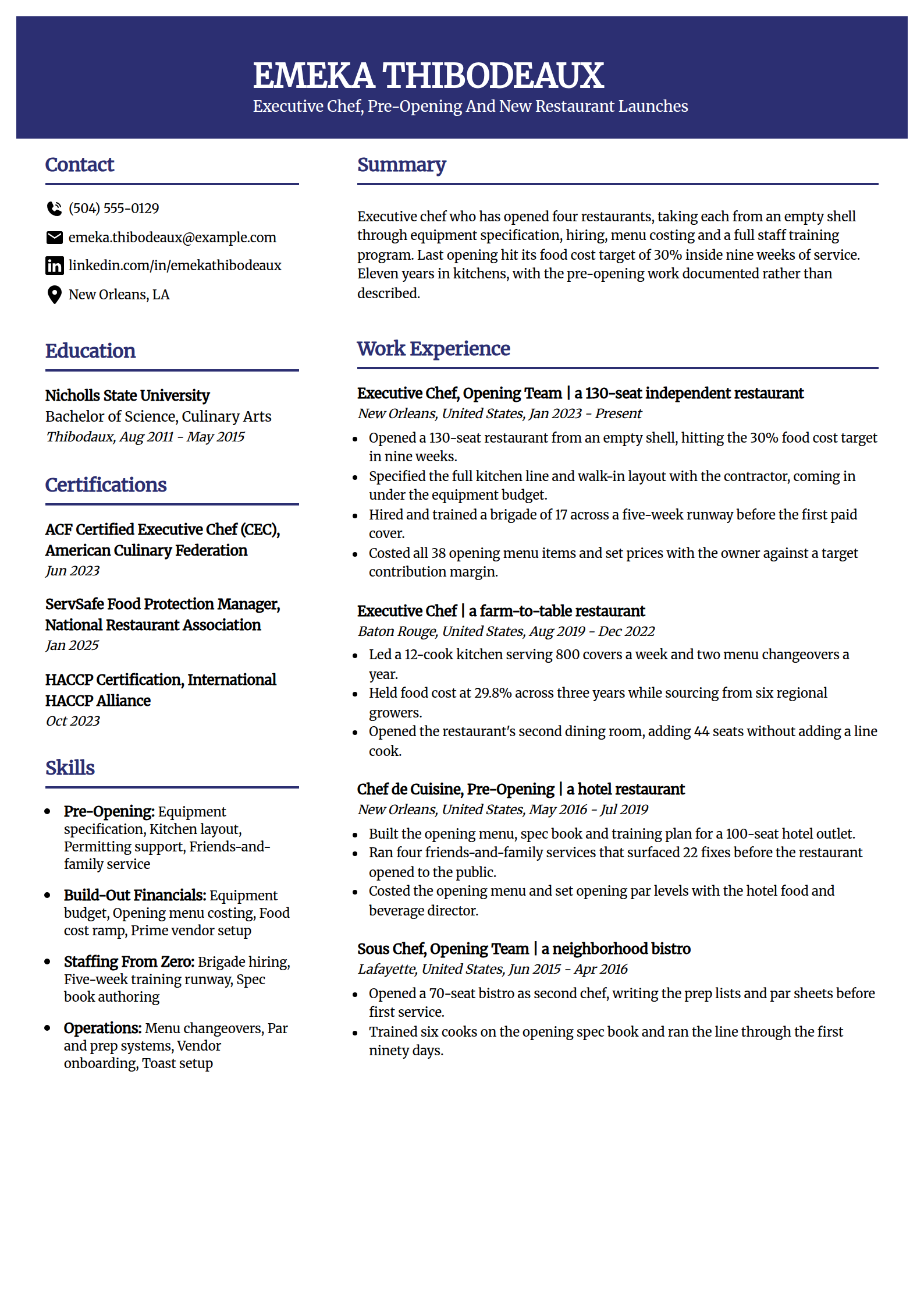 Pre-opening executive chef resume example in the Visionary template