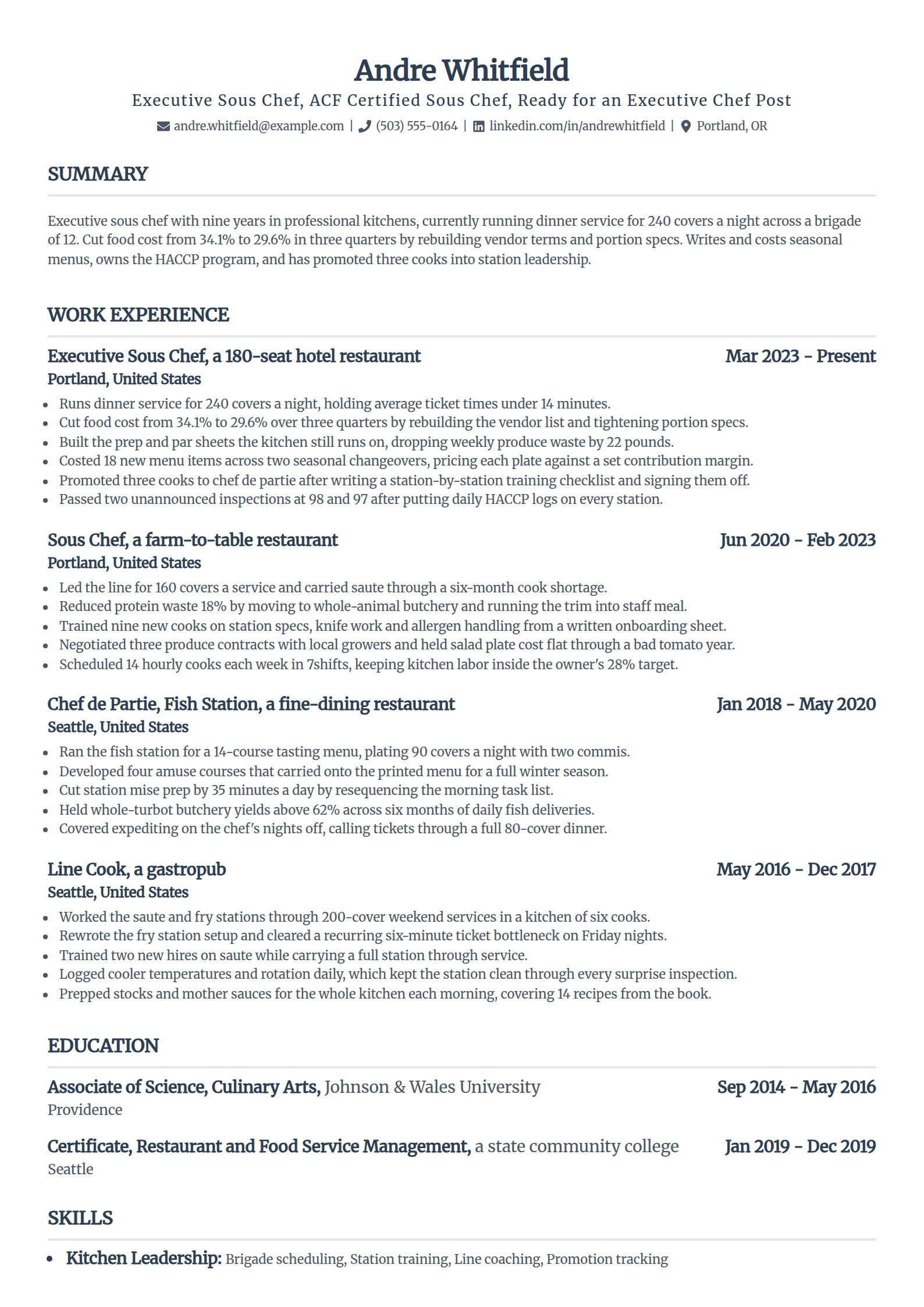 Sous chef applying for an executive chef role, resume example in the Standard template