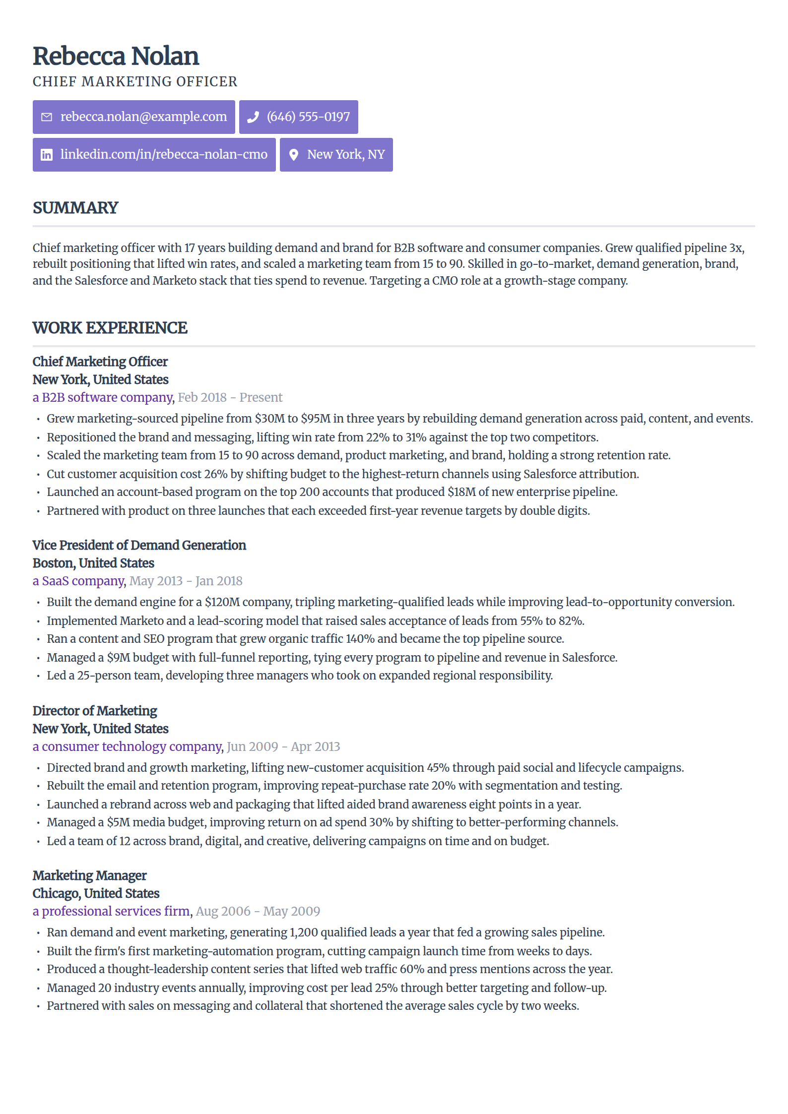 Chief marketing officer resume example in the Sleek Framework template