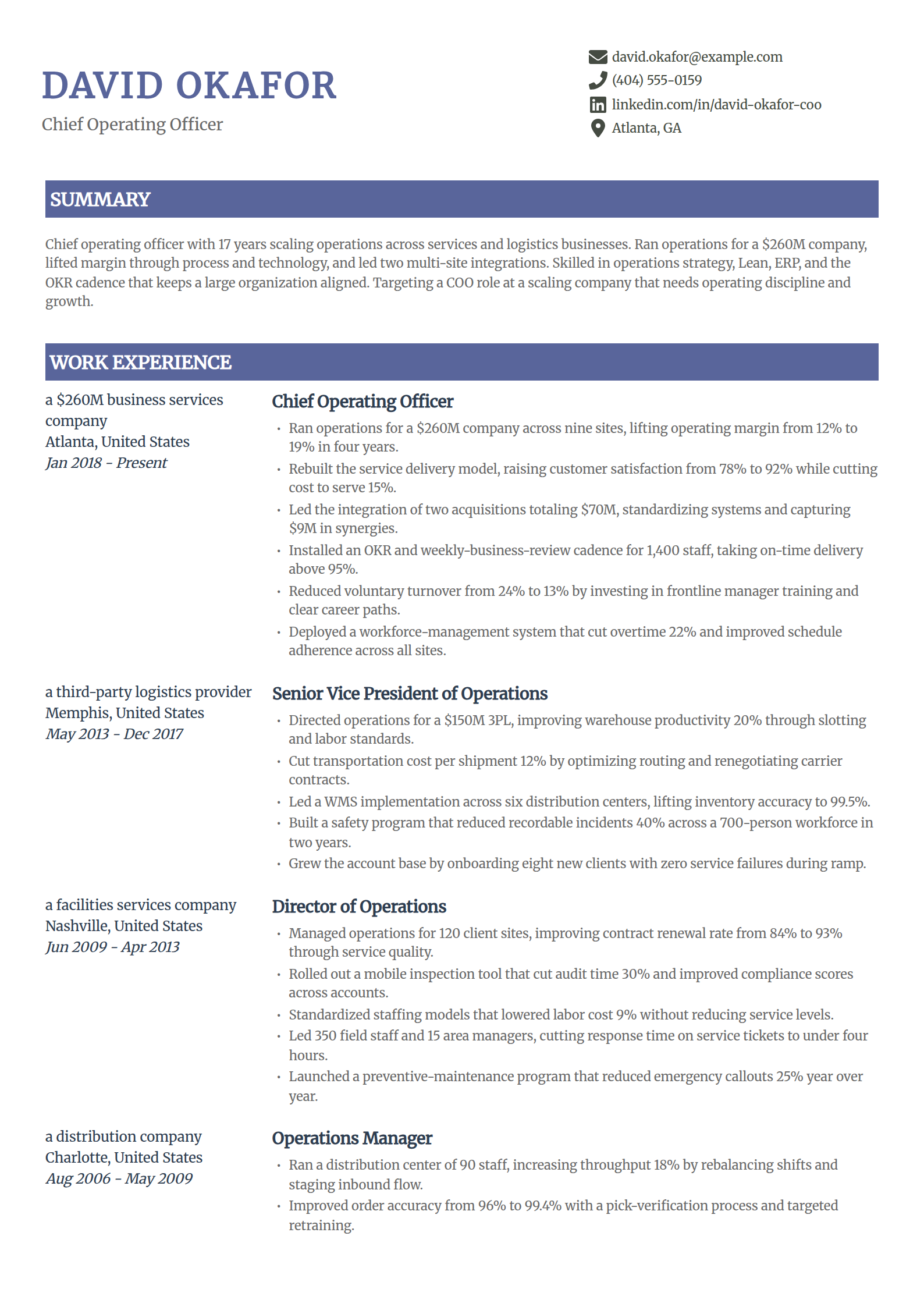 Chief operating officer resume example in the Catalyst template