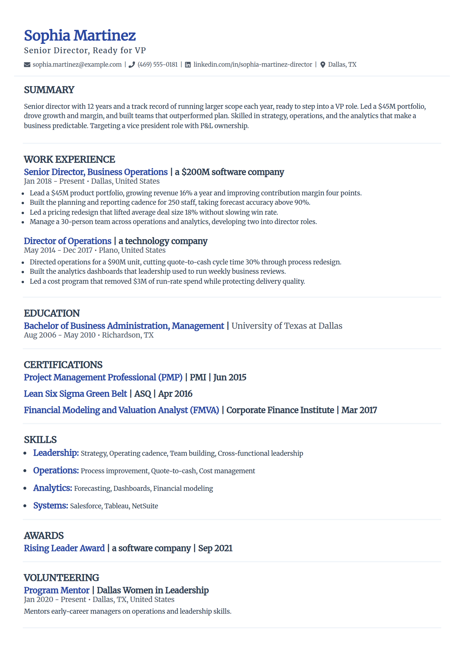 Emerging executive resume example in the Elegant template