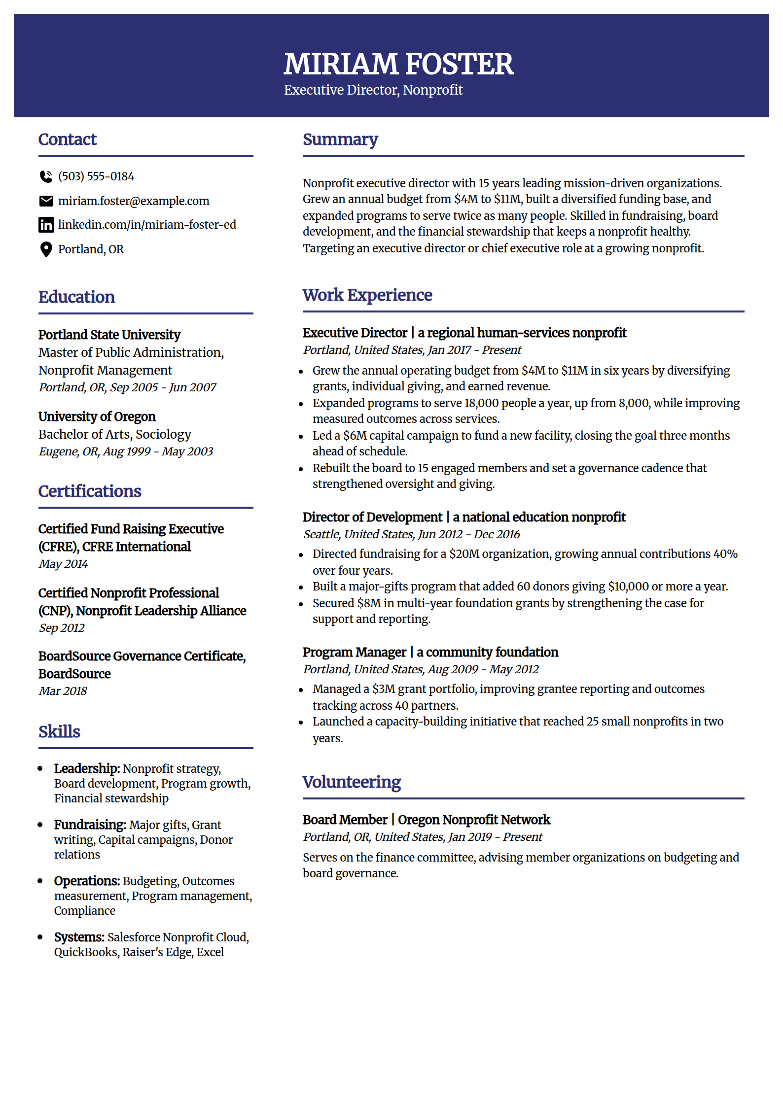 Nonprofit executive director resume example in the Visionary template