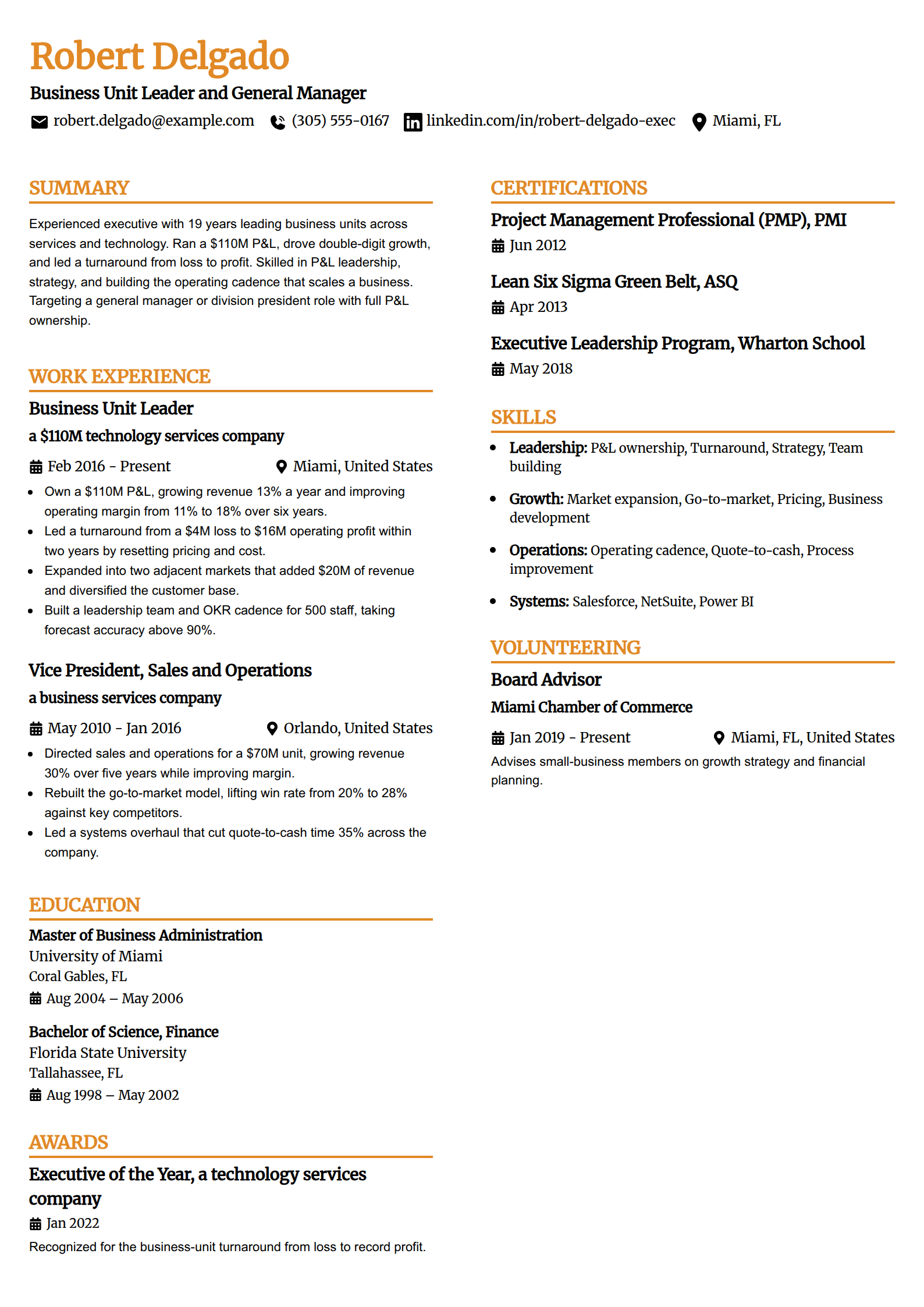 Experienced executive resume example in the Professional Edge template