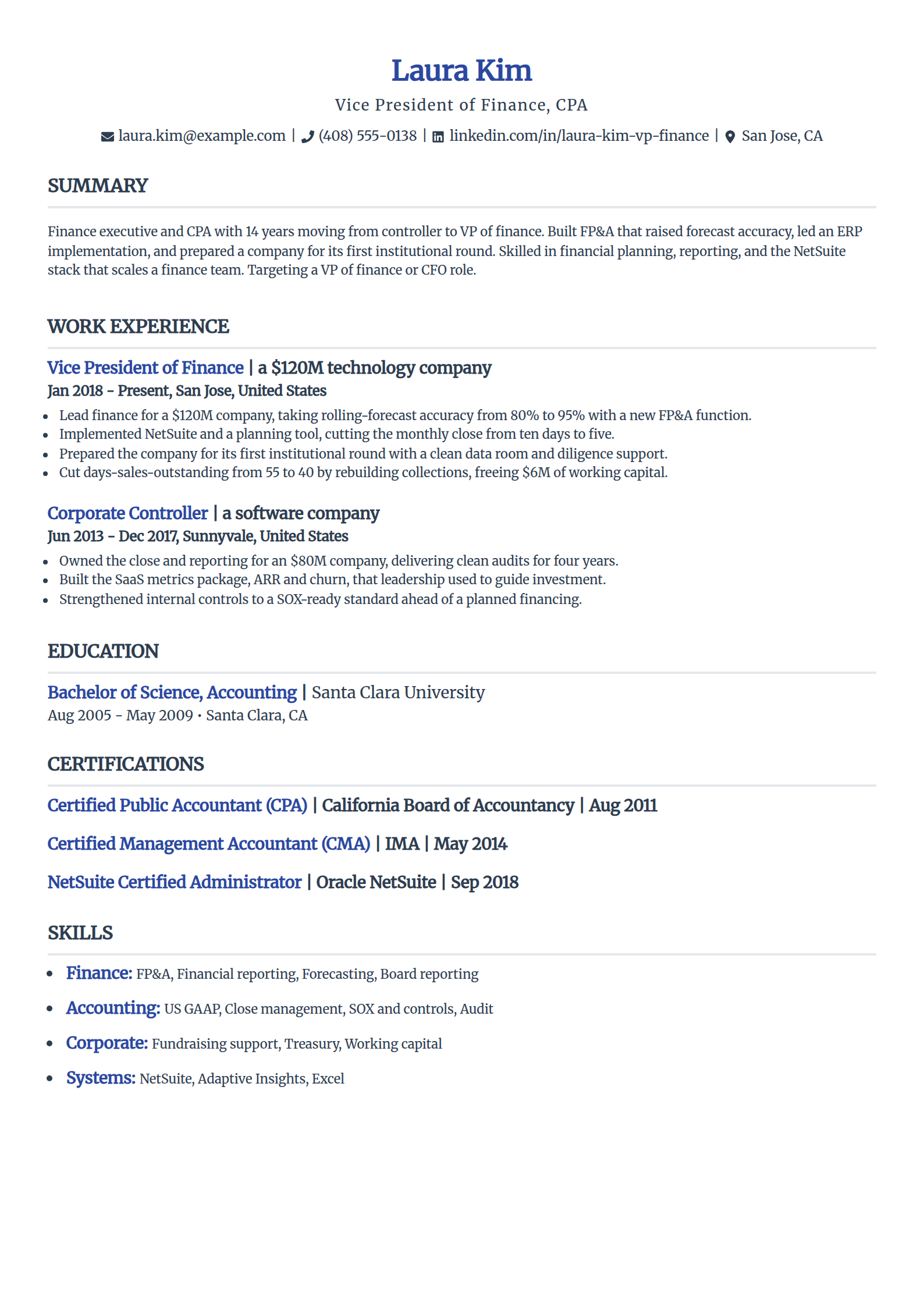Finance executive and VP of finance resume example in the Simple template