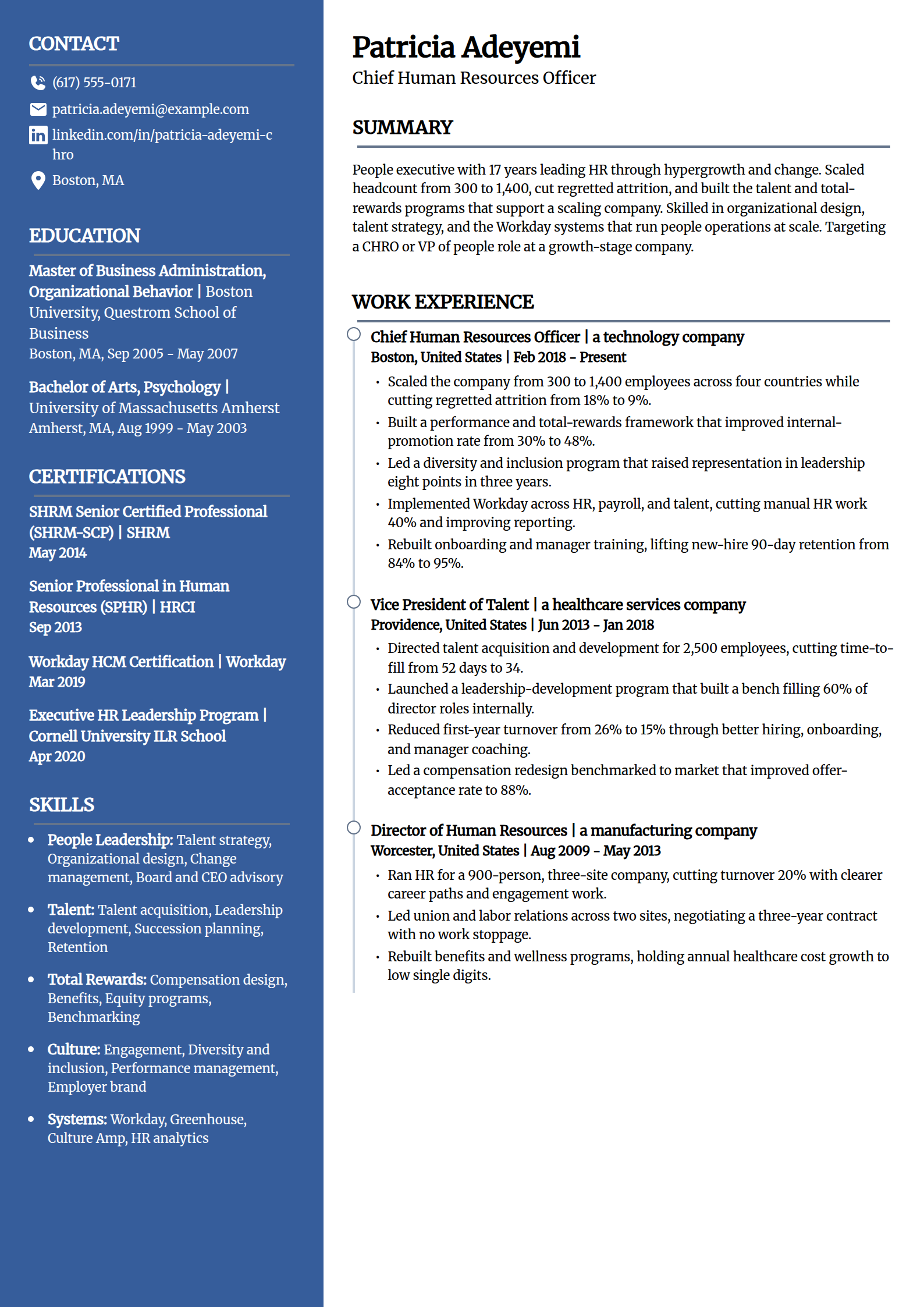 HR executive and chief human resources officer resume example in the Creative template