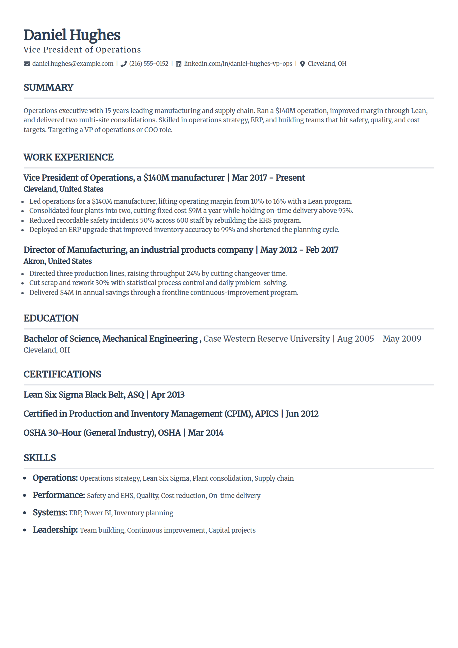 Operations executive resume example in the Classic template