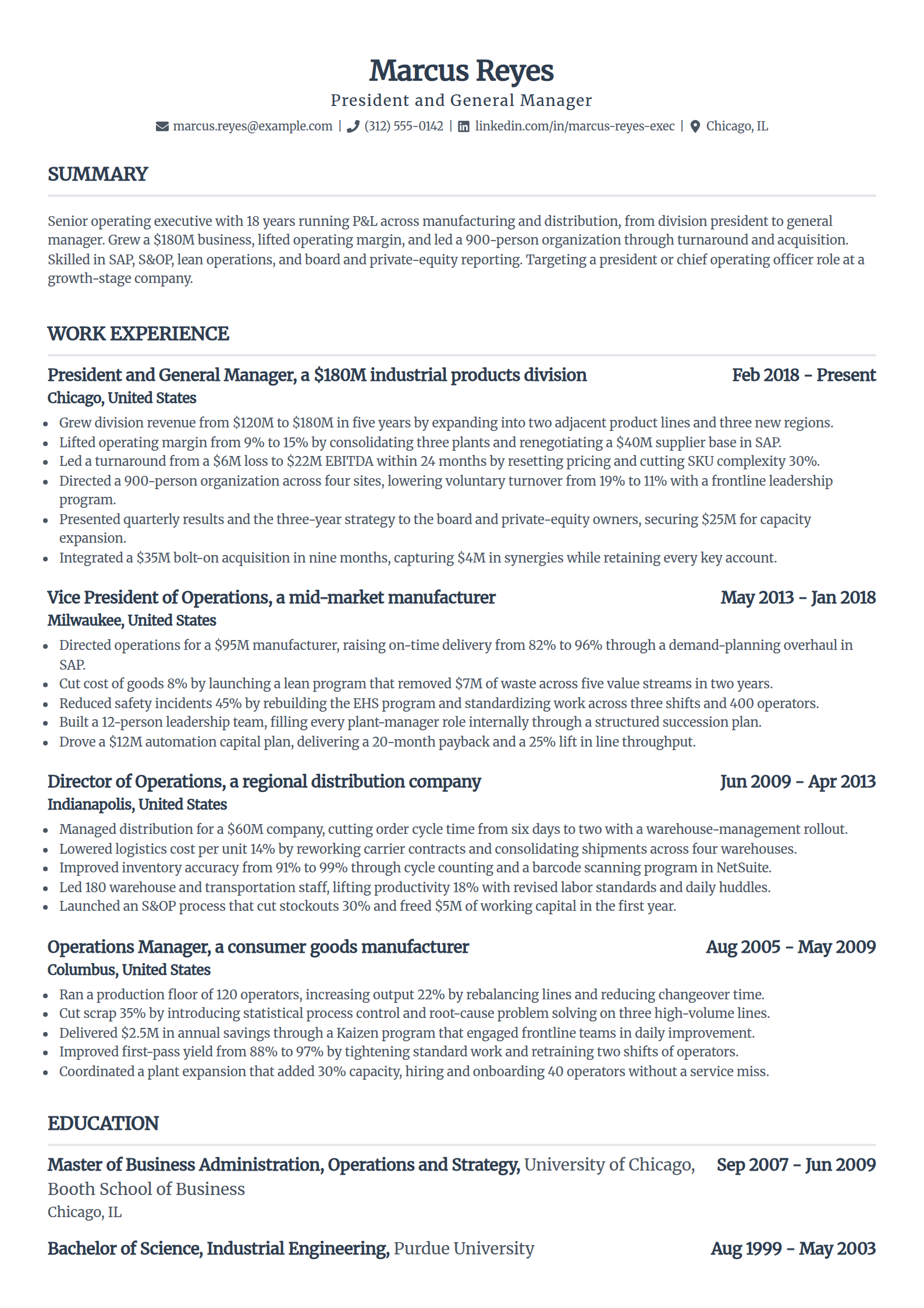 Senior executive resume example in the Standard template