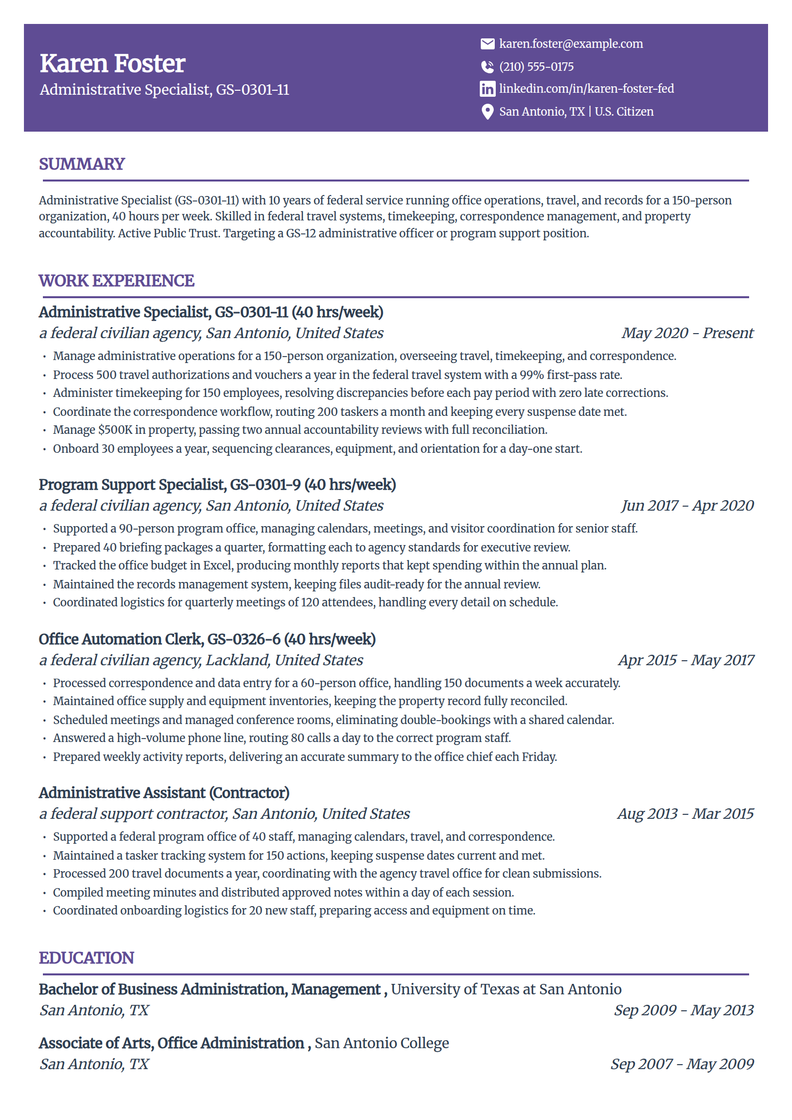 Federal administrative specialist 0301 resume example in the Panorama template