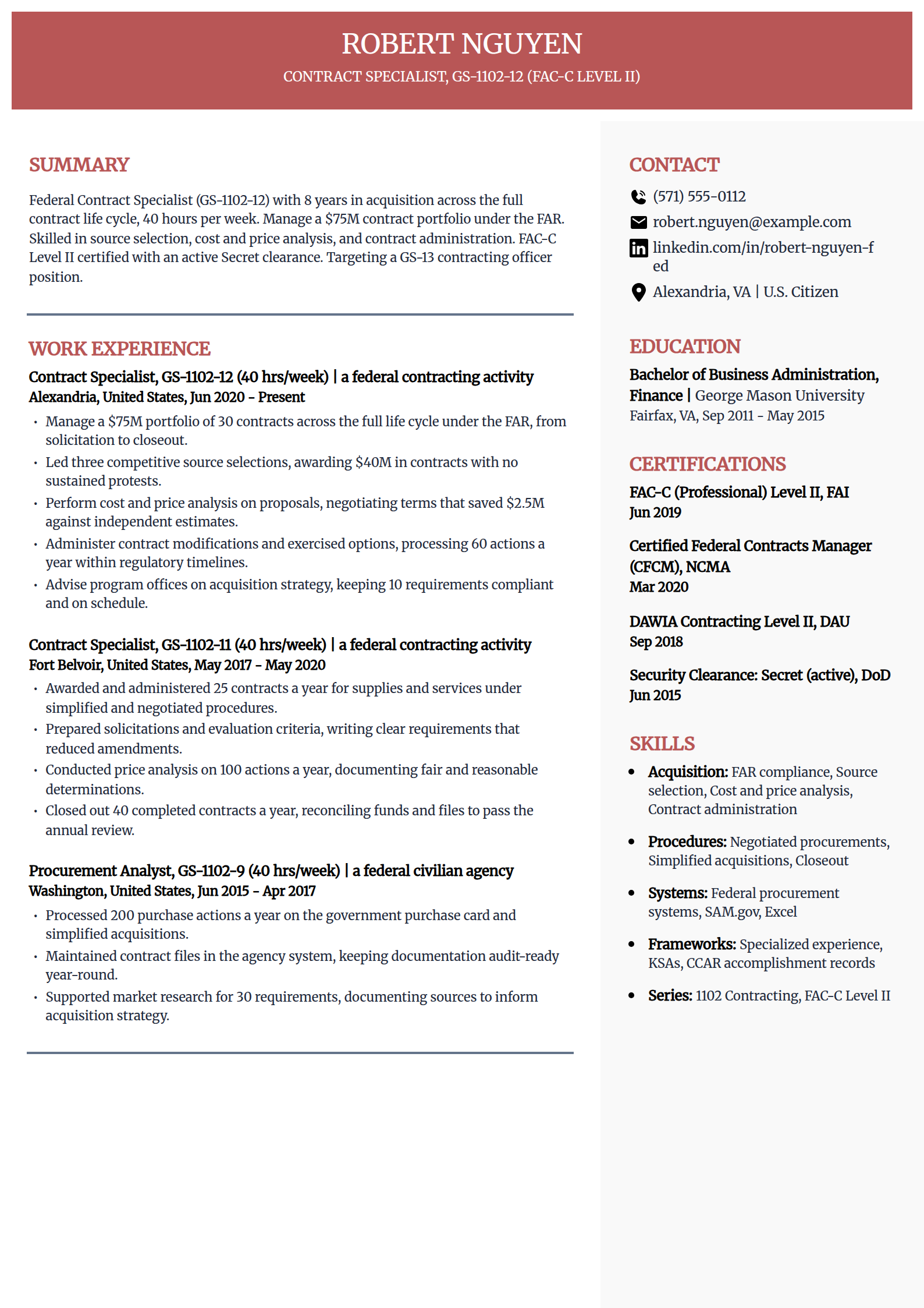 Federal contract specialist 1102 resume example in the Executive template