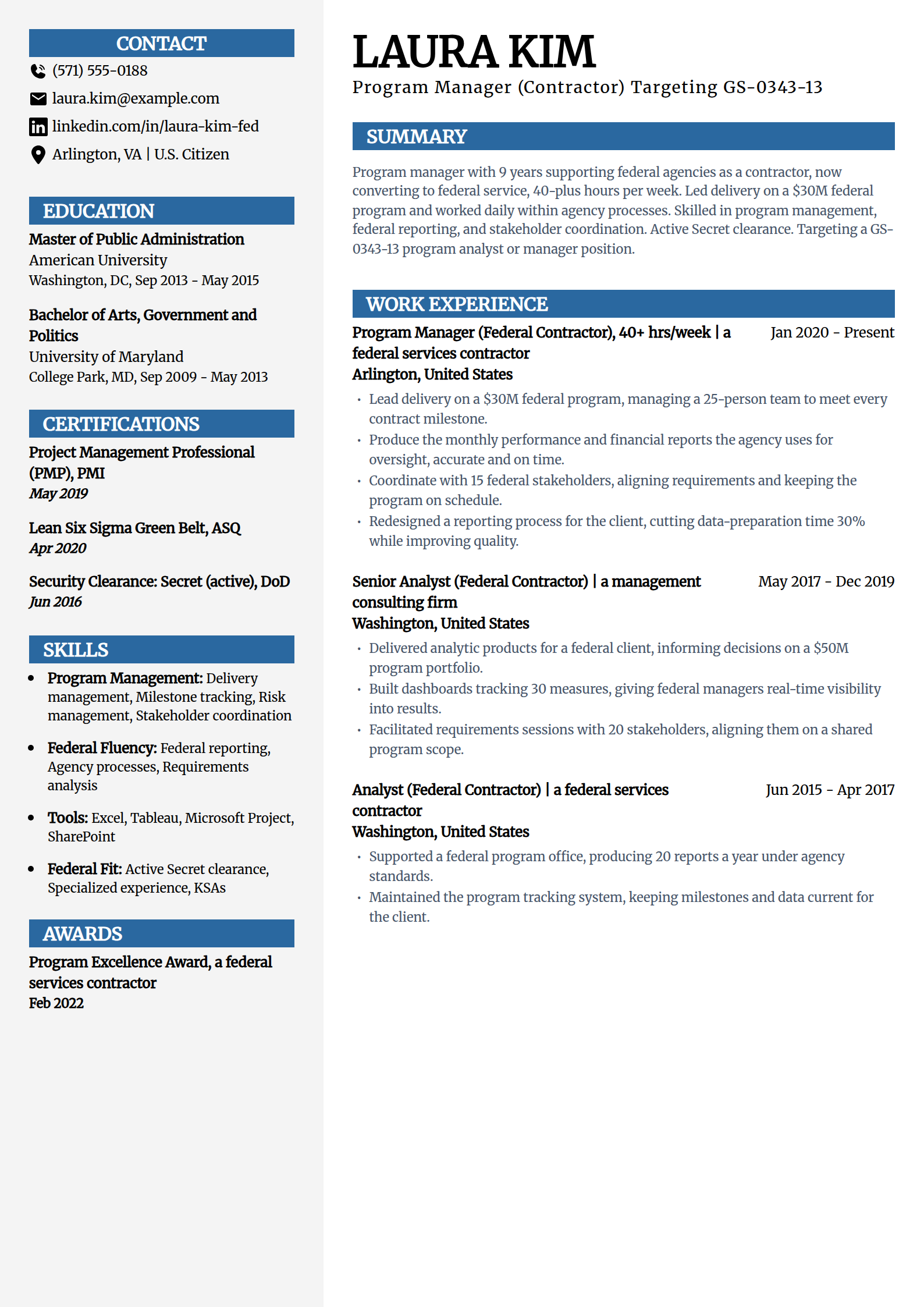 Government contractor converting to federal resume example in the Mosaic template