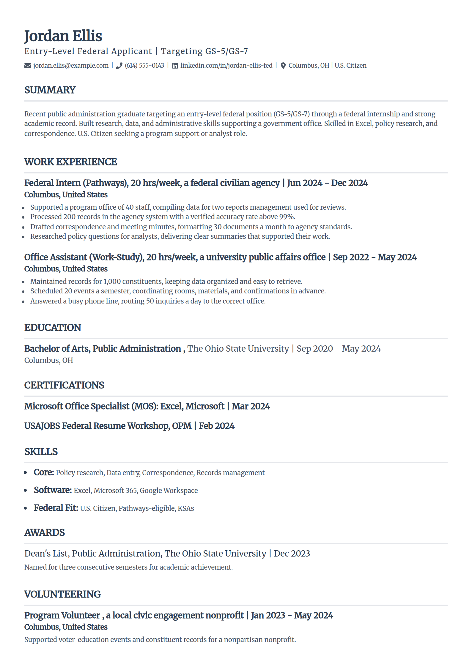 Entry-level federal resume example in the Classic template