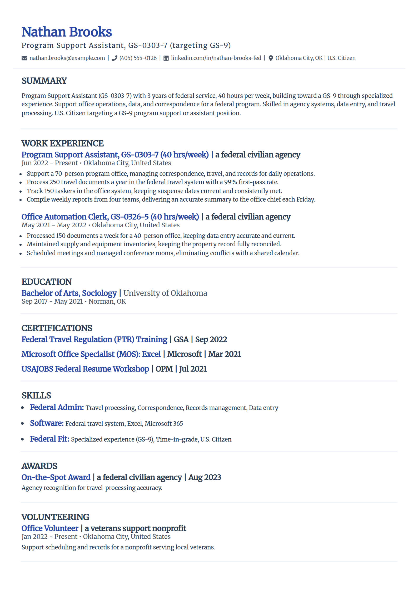 Early-career GS-5 to GS-7 federal resume example in the Elegant template
