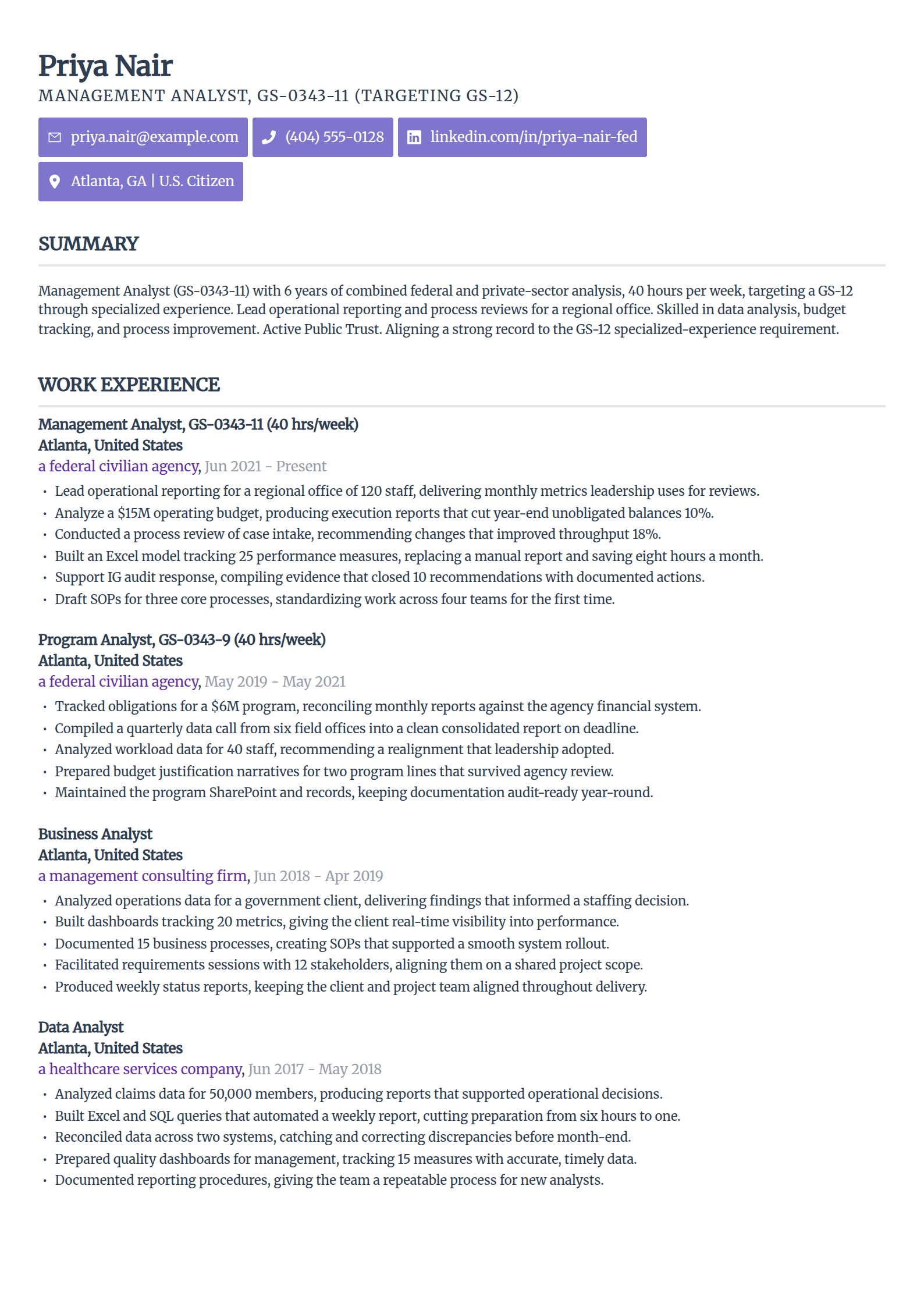 Mid-career GS-9 to GS-11 federal resume example in the Sleek Framework template