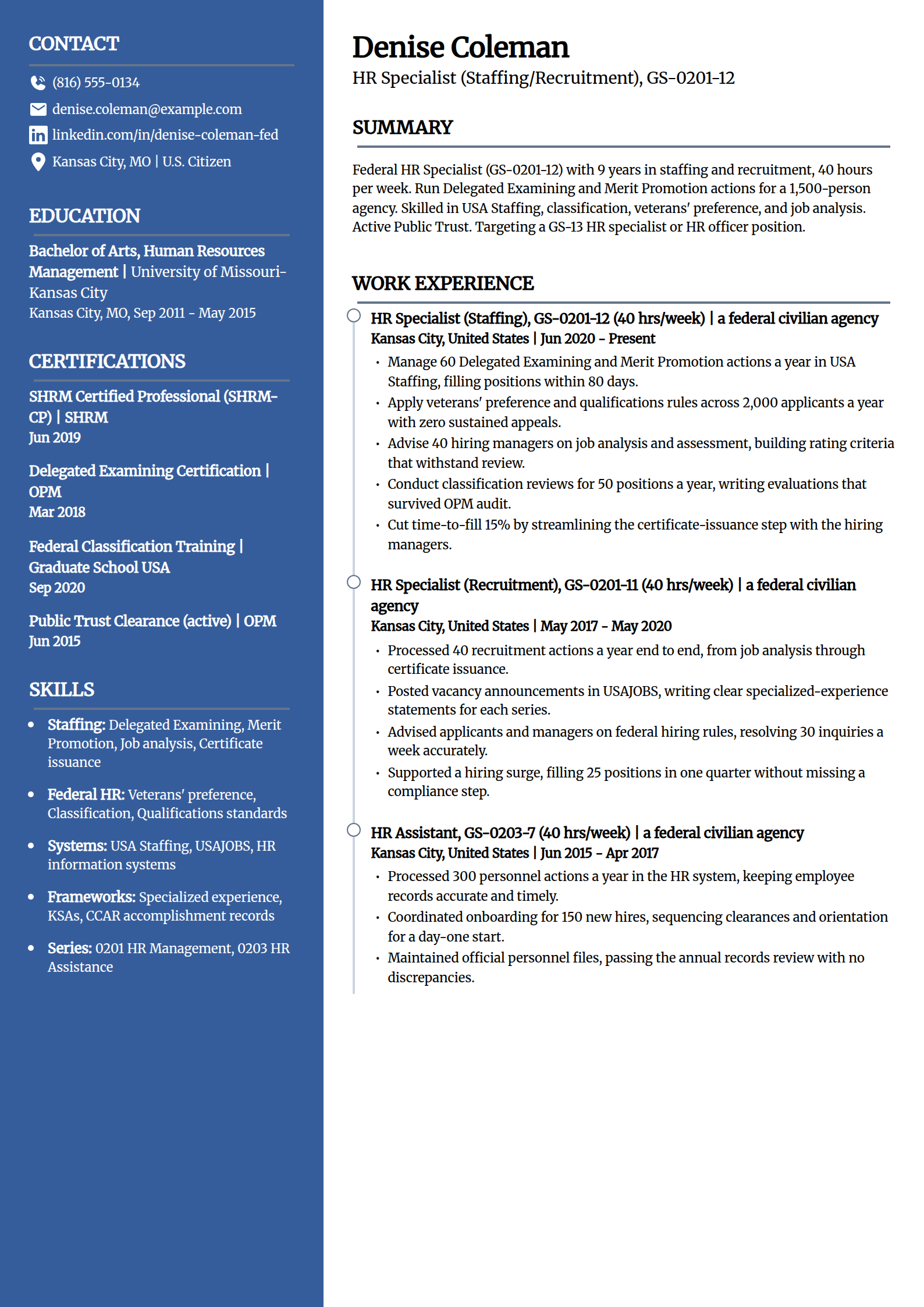 Federal HR specialist 0201 resume example in the Creative template