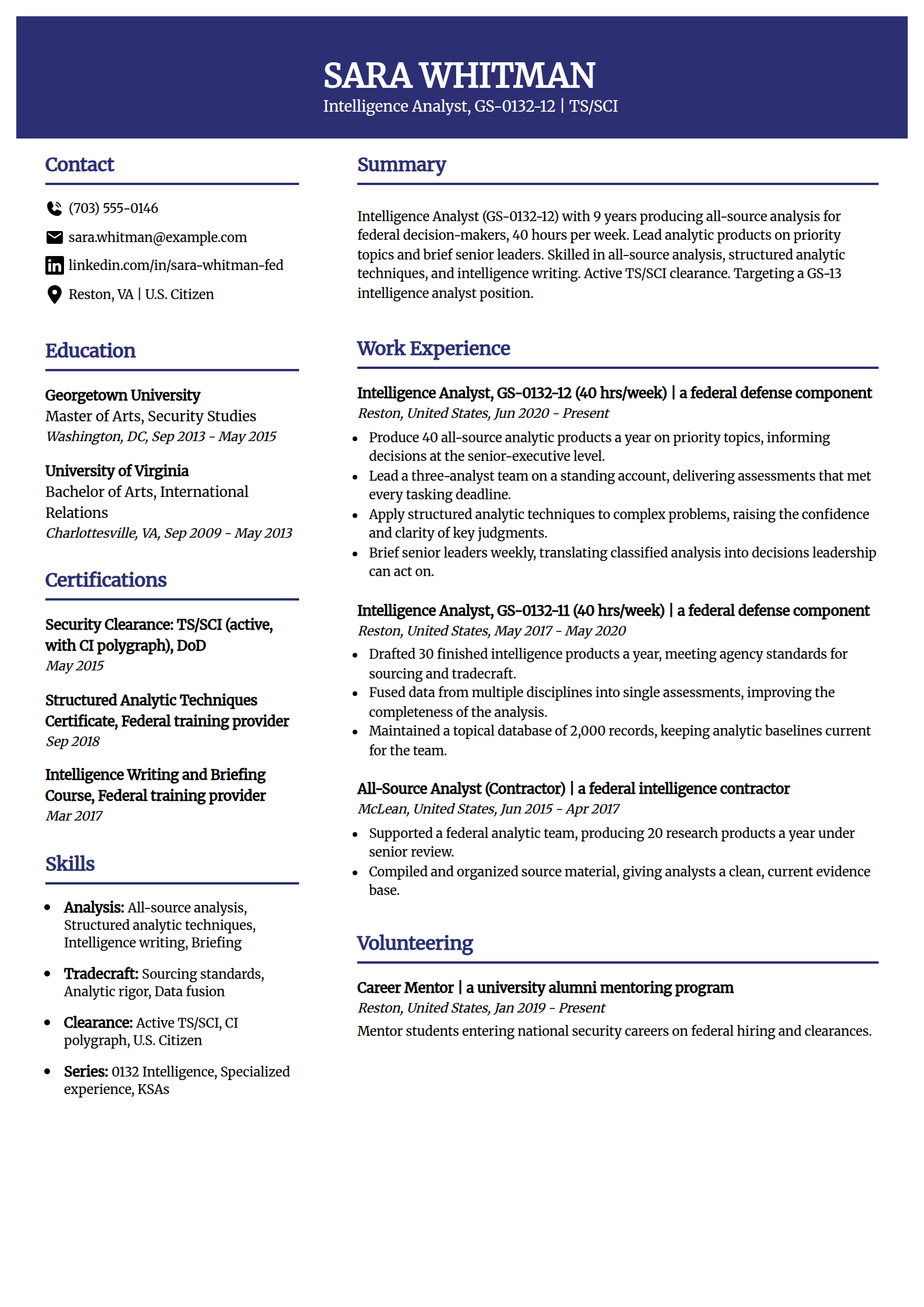 Federal intelligence analyst 0132 resume example in the Visionary template